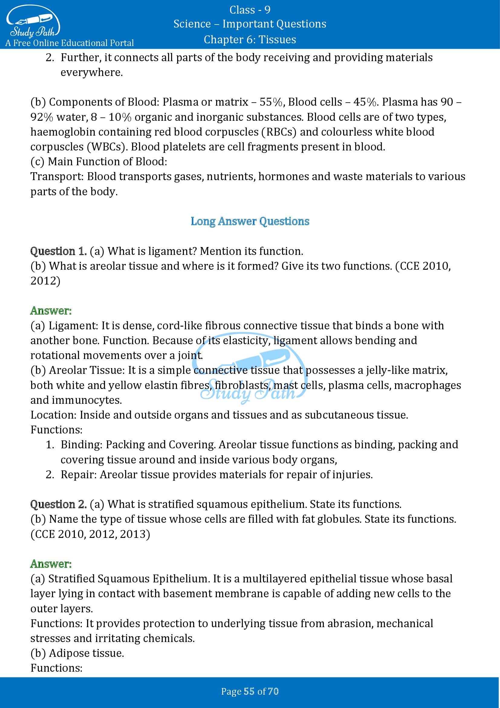 Important Questions for Class 9 Science Chapter 6 Tissues 00055