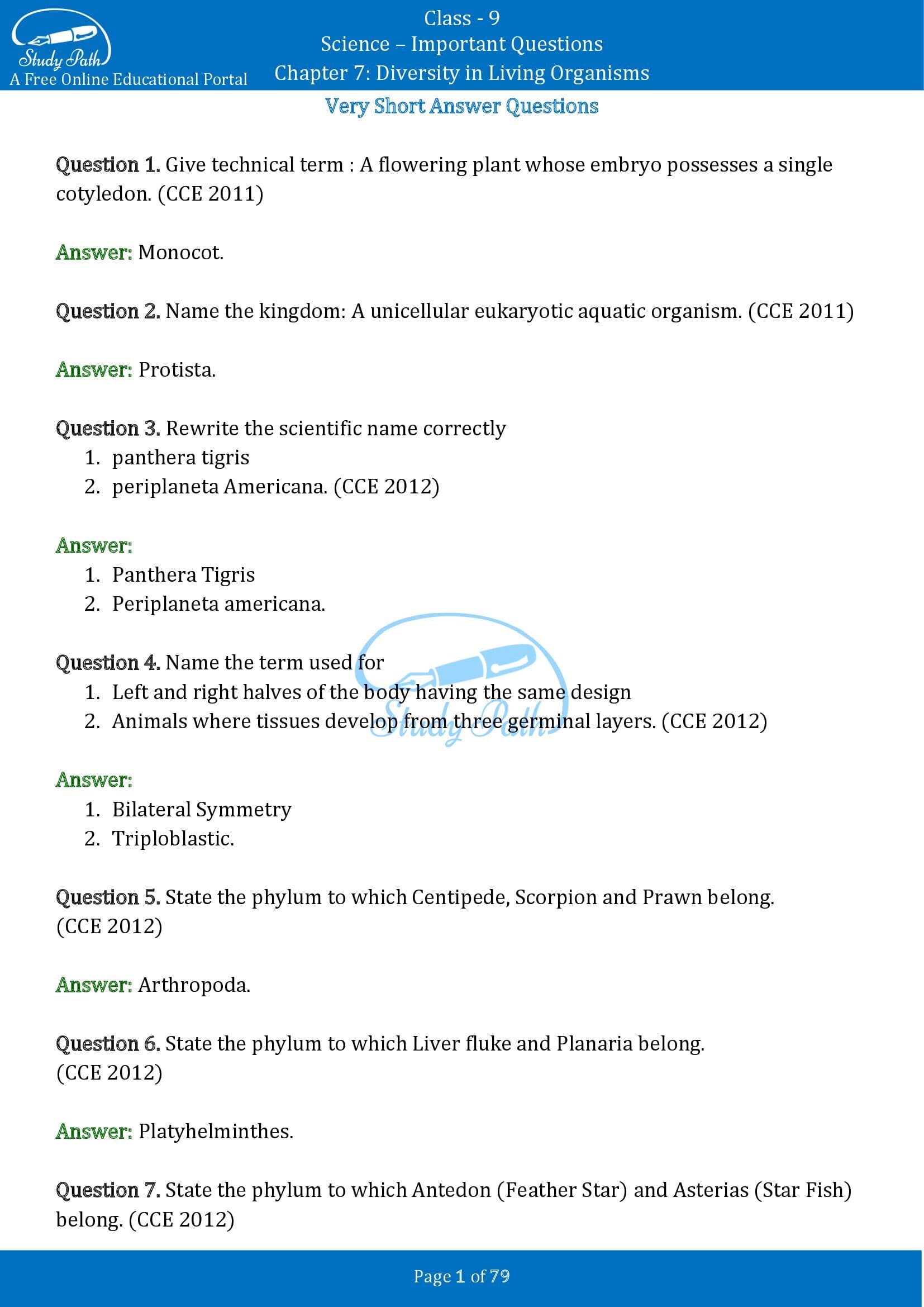 Important Questions for Class 9 Science Chapter 7 Diversity in Living Organisms 00001