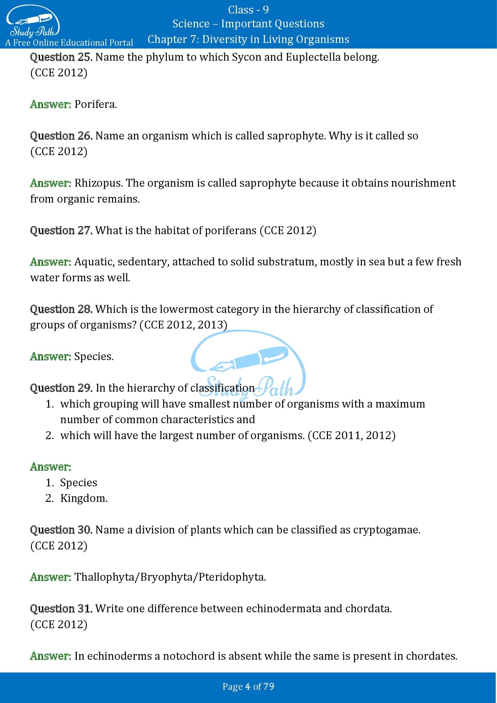 Important Questions for Class 9 Science Chapter 7 Diversity in Living Organisms 00004