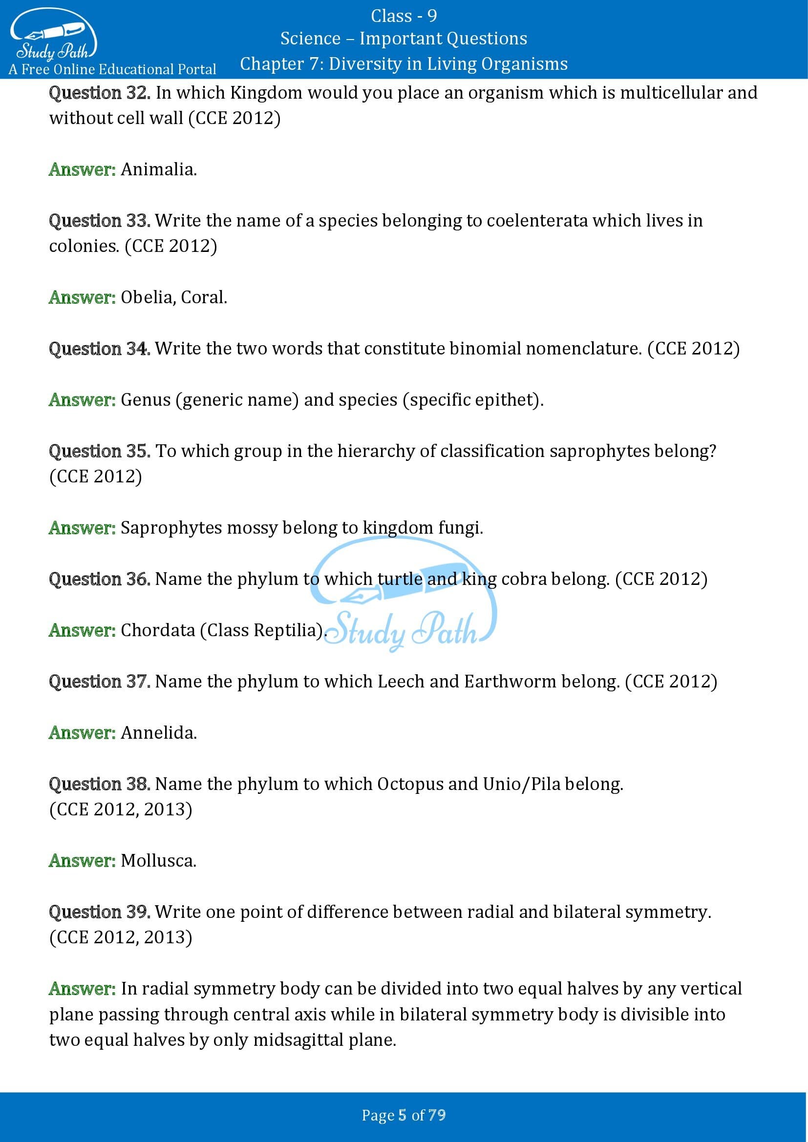 Important Questions for Class 9 Science Chapter 7 Diversity in Living Organisms 00005