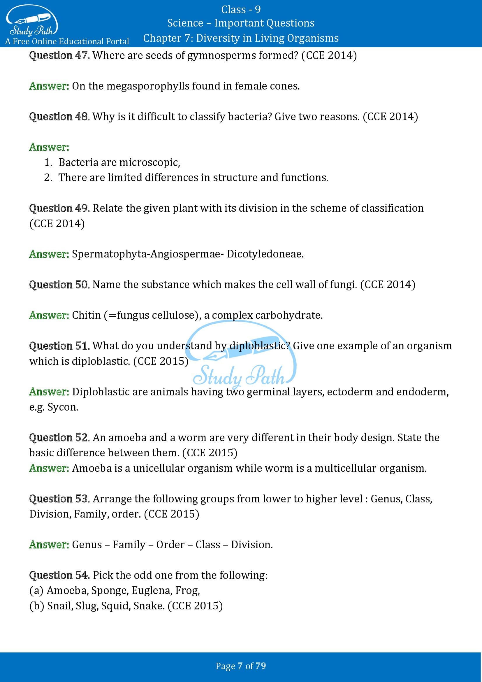 Important Questions for Class 9 Science Chapter 7 Diversity in Living Organisms 00007