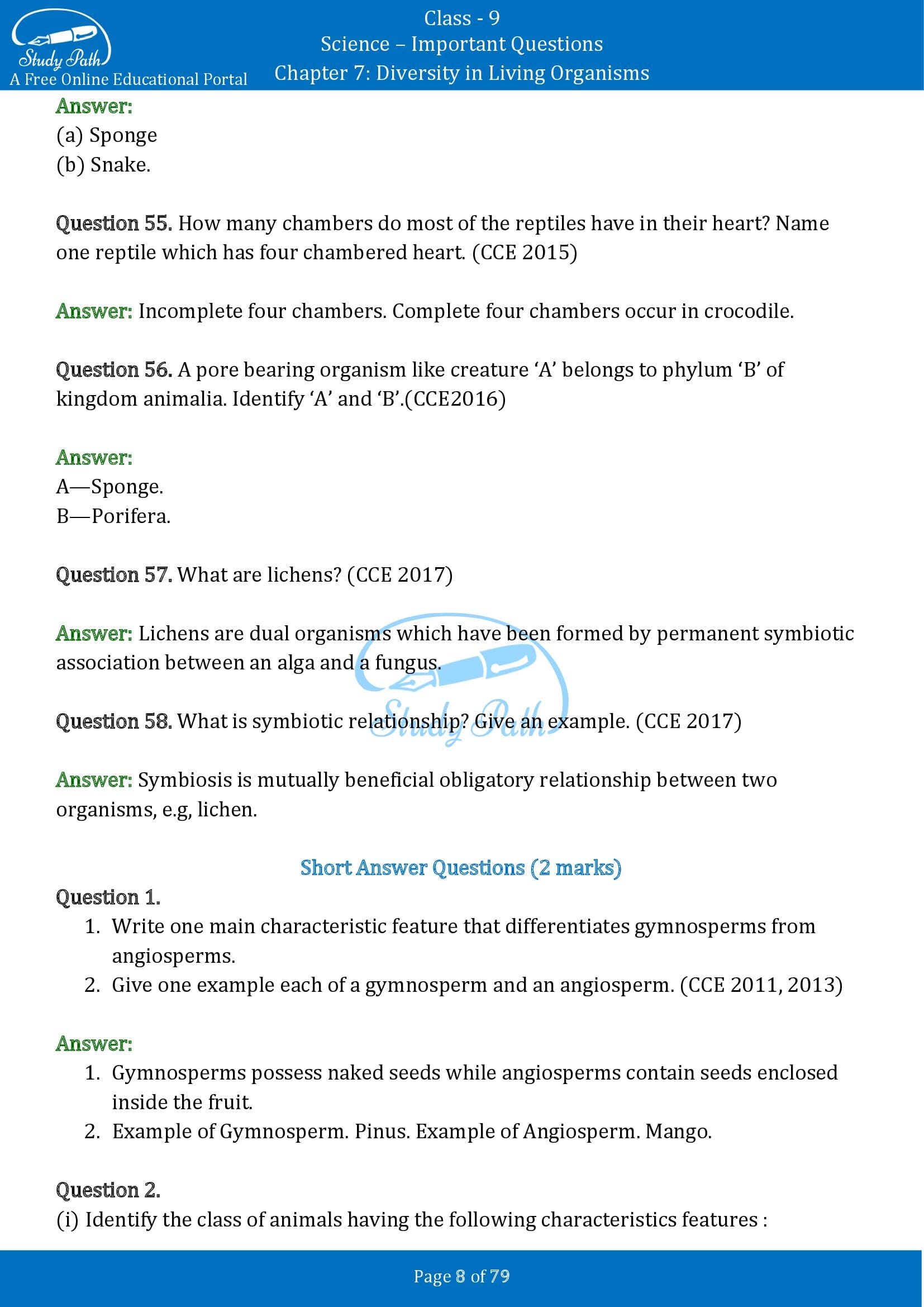 Important Questions for Class 9 Science Chapter 7 Diversity in Living Organisms 00008