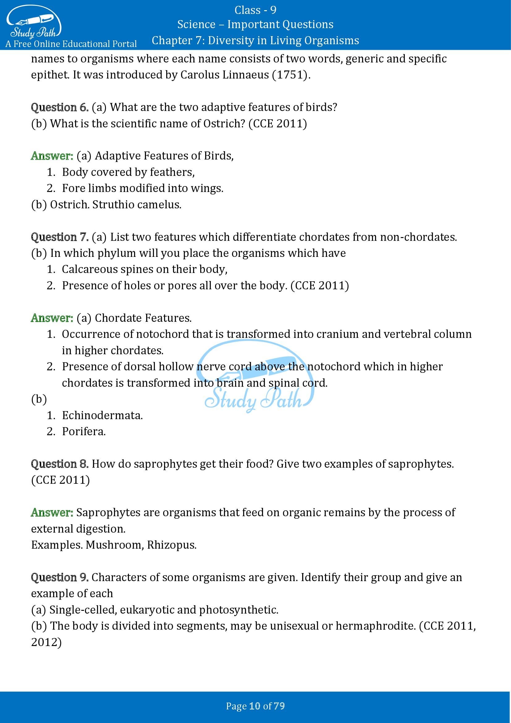 Important Questions for Class 9 Science Chapter 7 Diversity in Living Organisms 00010