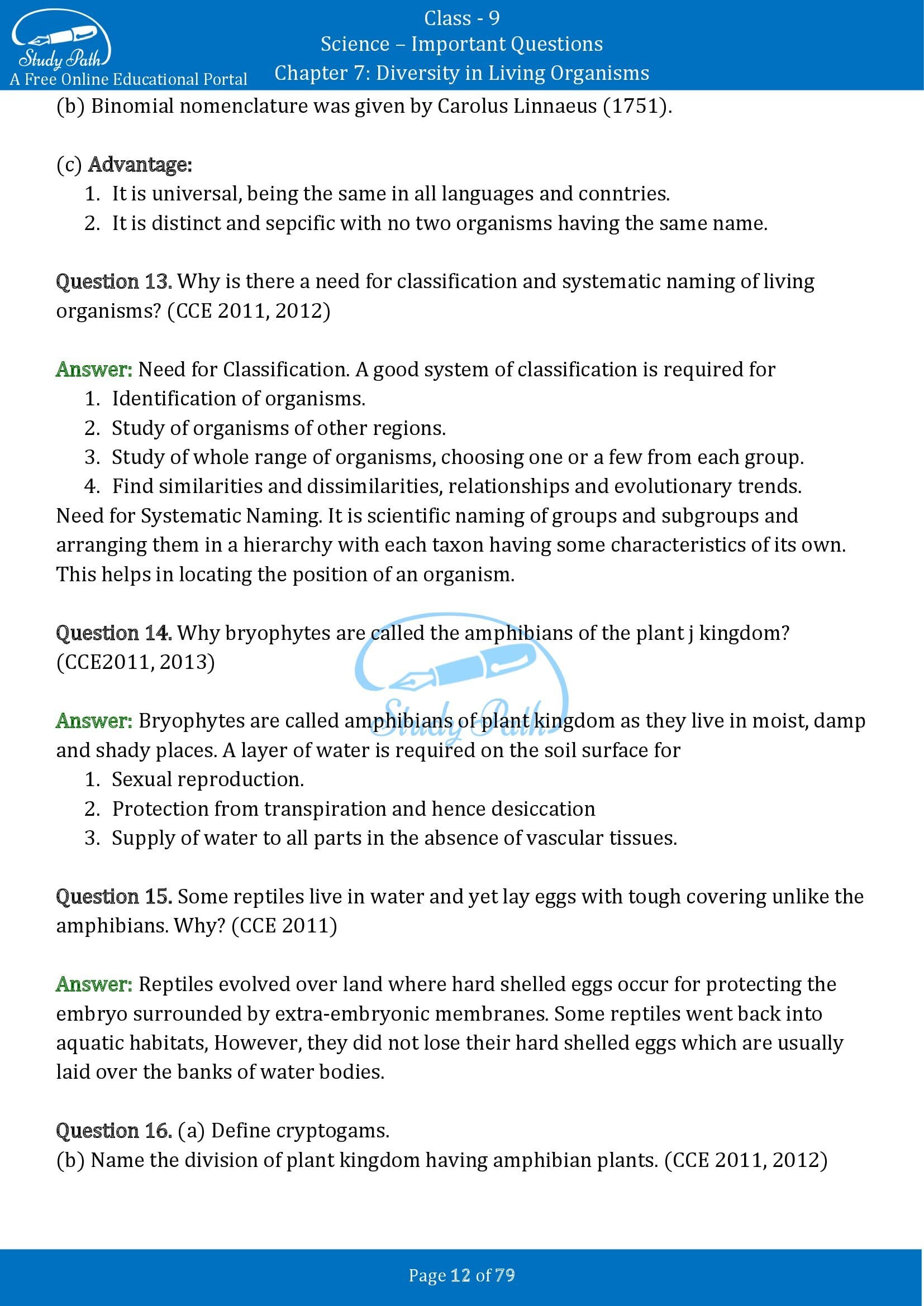 Important Questions for Class 9 Science Chapter 7 Diversity in Living Organisms 00012