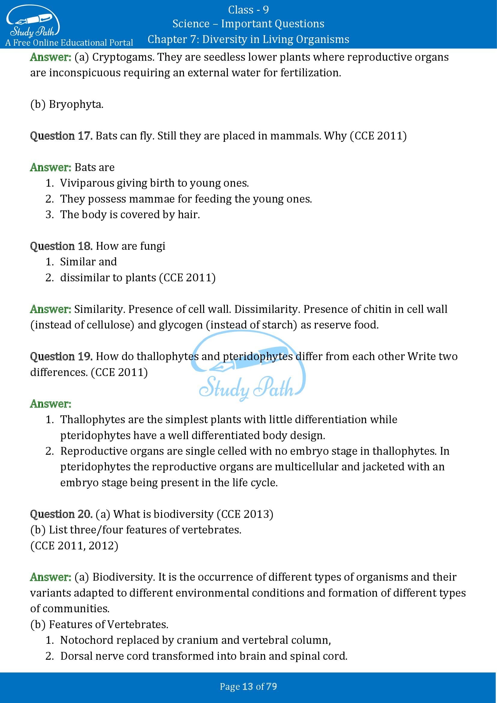 Important Questions for Class 9 Science Chapter 7 Diversity in Living Organisms 00013