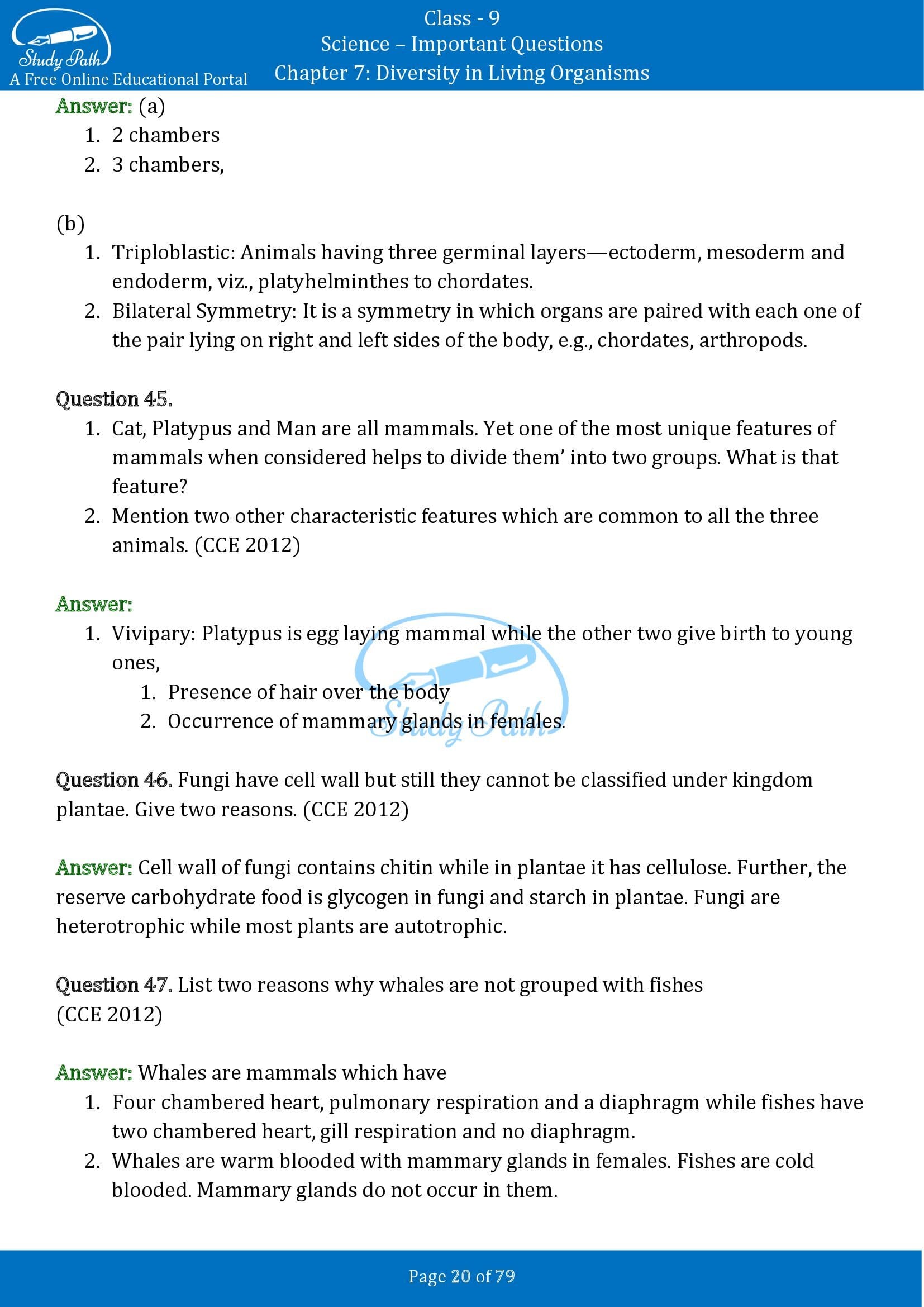 Important Questions for Class 9 Science Chapter 7 Diversity in Living Organisms 00020