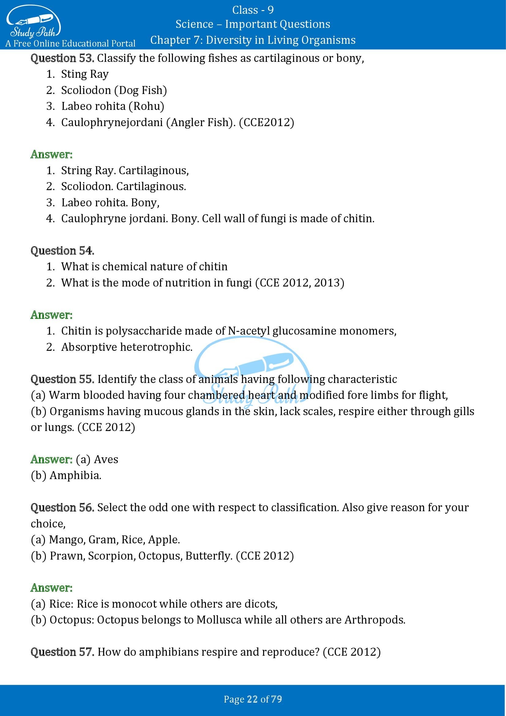 Important Questions for Class 9 Science Chapter 7 Diversity in Living Organisms 00022