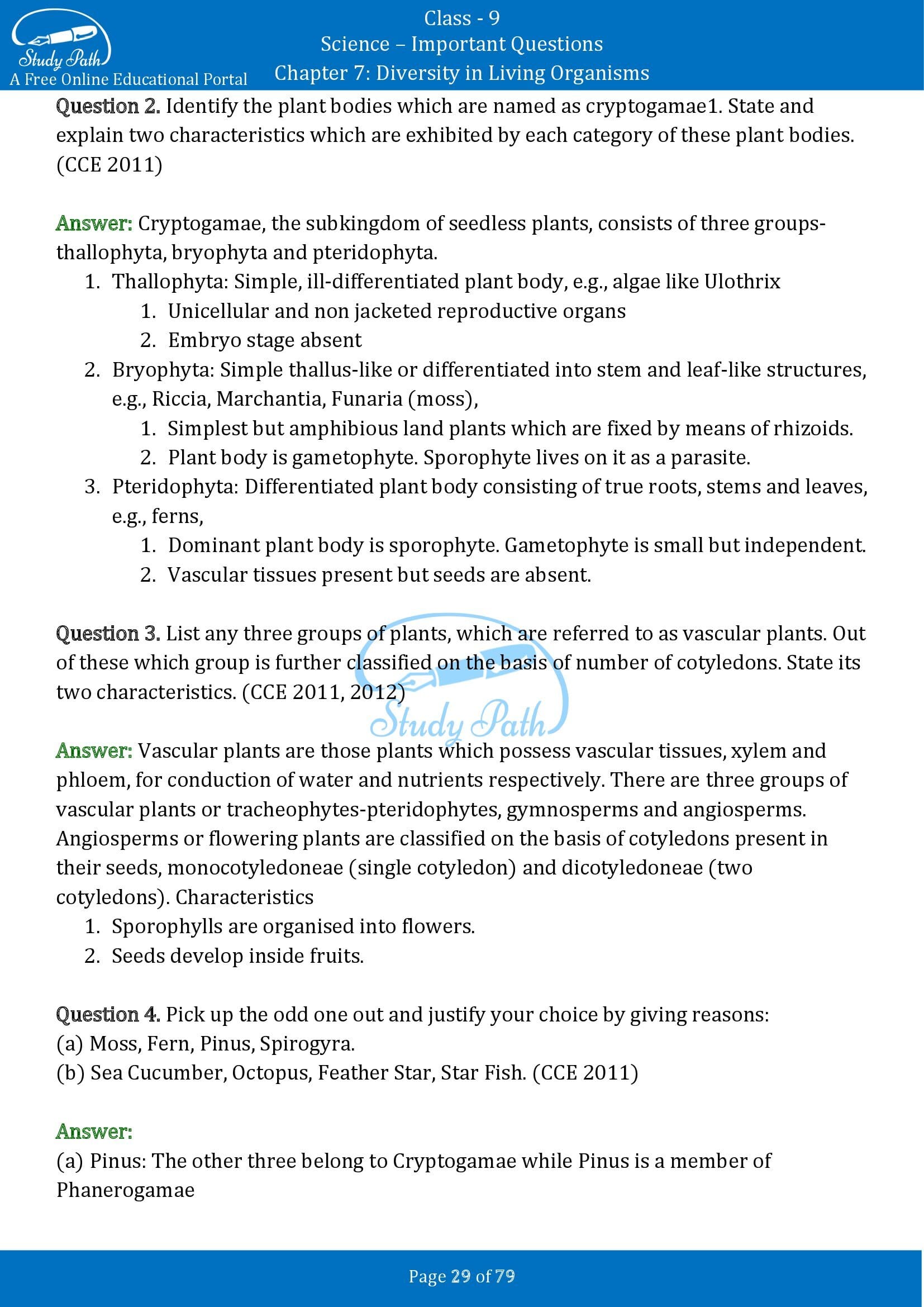 Important Questions for Class 9 Science Chapter 7 Diversity in Living Organisms 00029