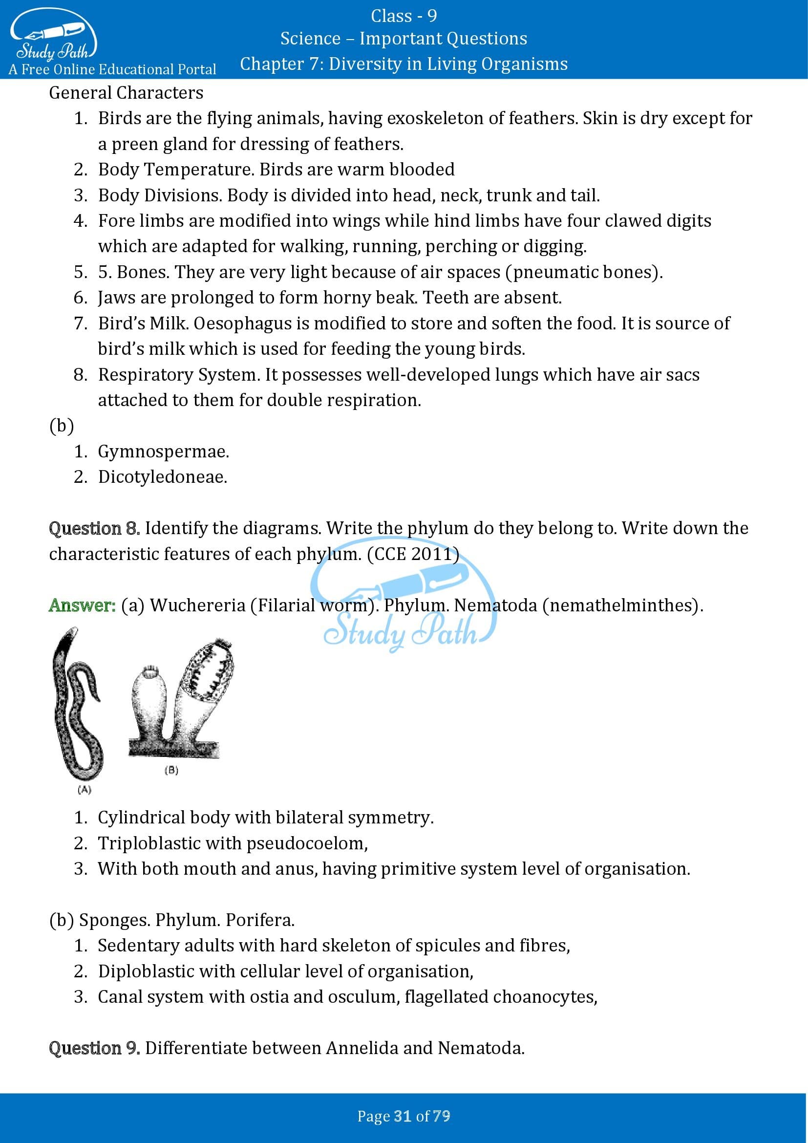 Important Questions for Class 9 Science Chapter 7 Diversity in Living Organisms 00031