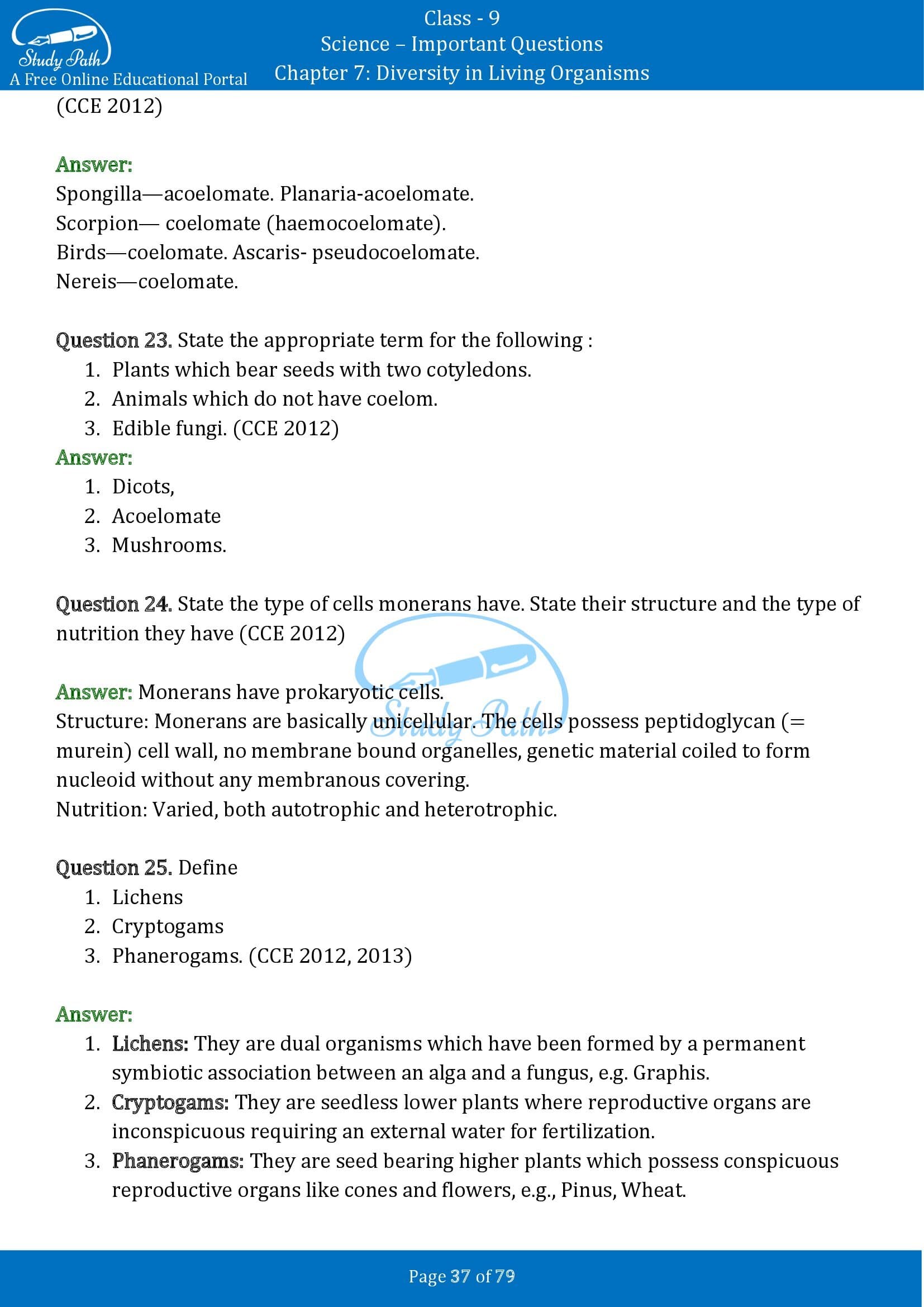 Important Questions for Class 9 Science Chapter 7 Diversity in Living Organisms 00037