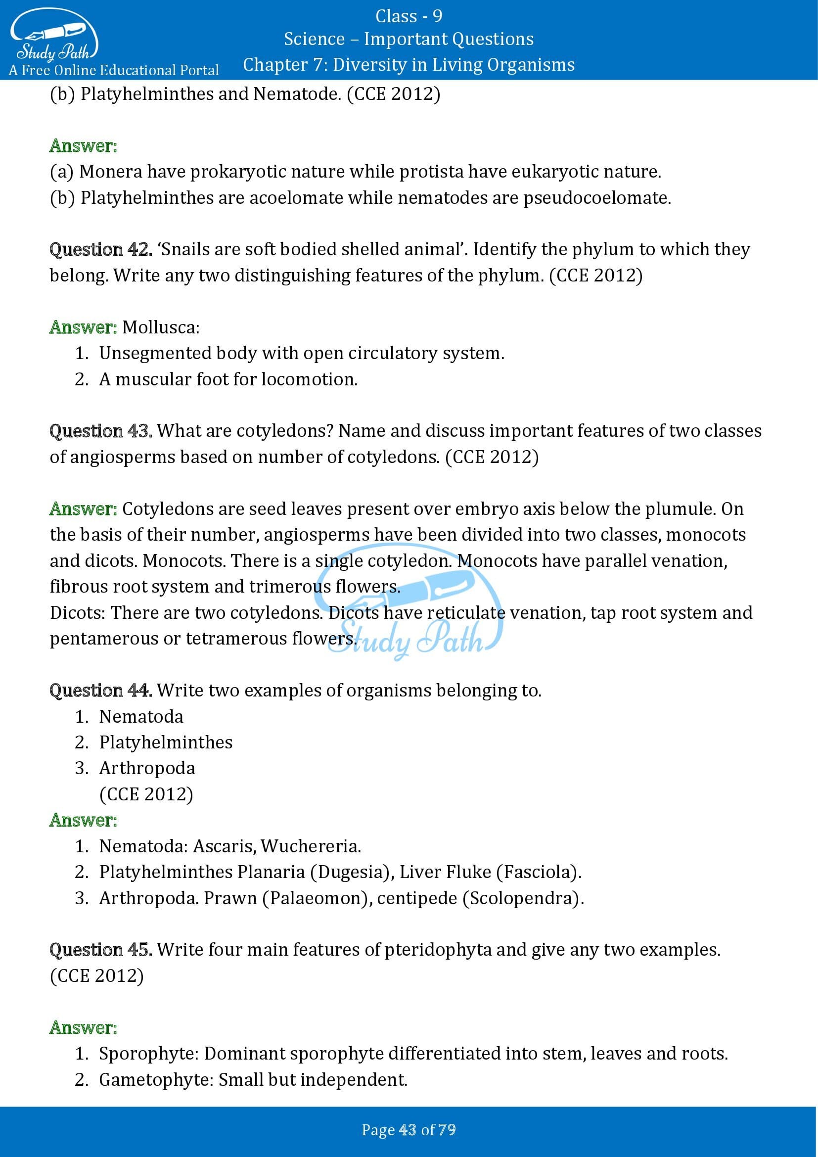 Important Questions for Class 9 Science Chapter 7 Diversity in Living Organisms 00043