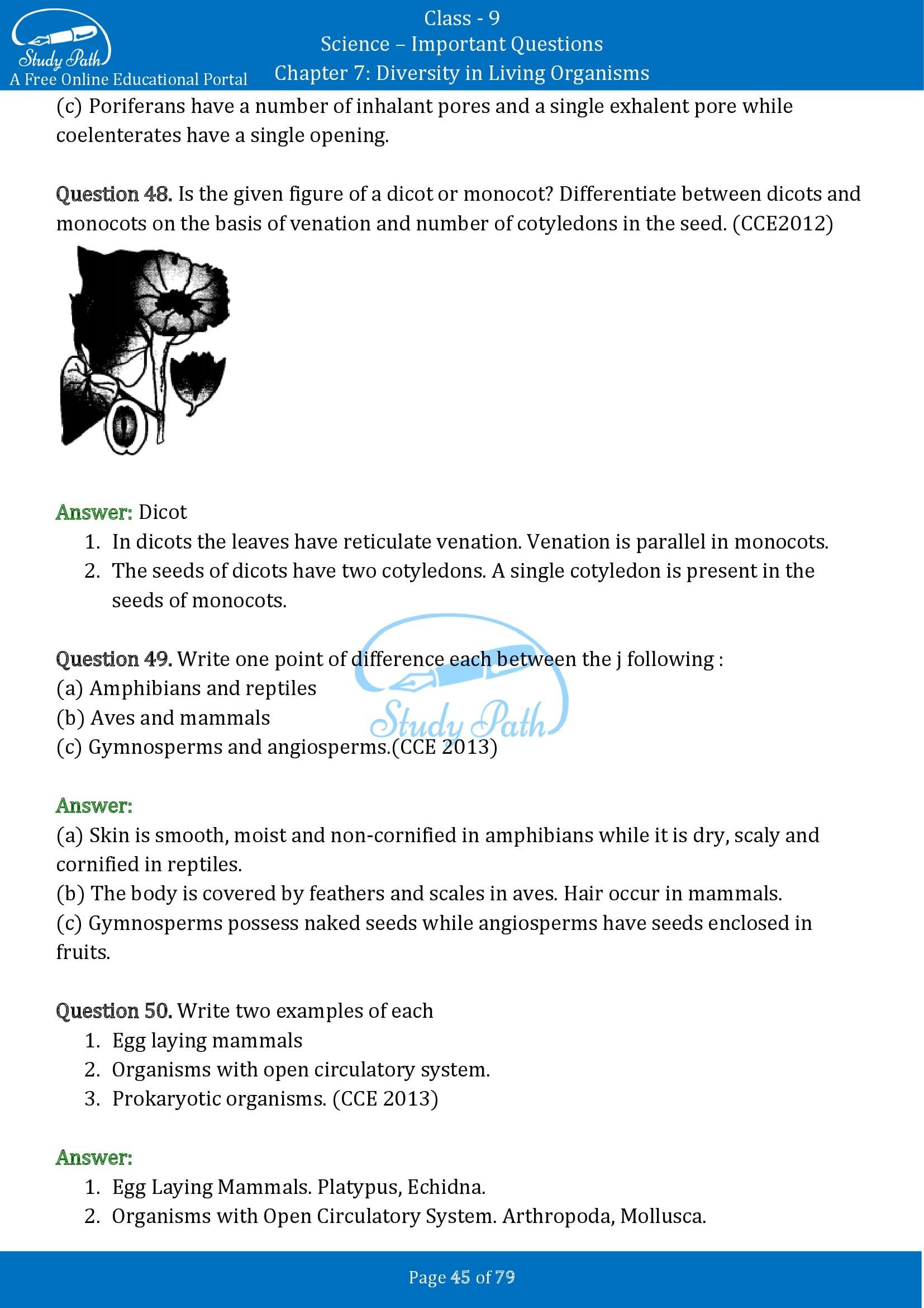 Important Questions for Class 9 Science Chapter 7 Diversity in Living Organisms 00045