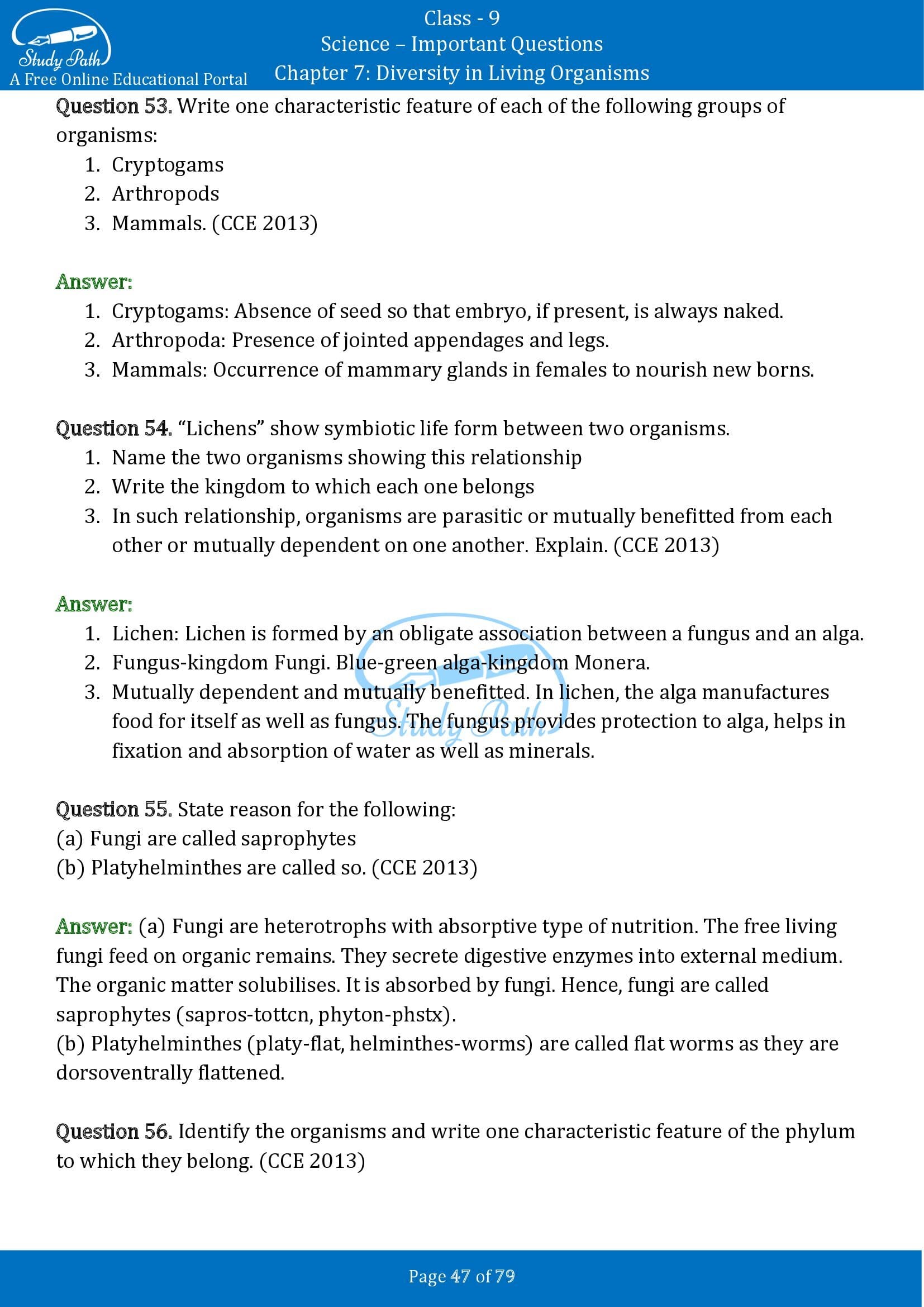 Important Questions for Class 9 Science Chapter 7 Diversity in Living Organisms 00047