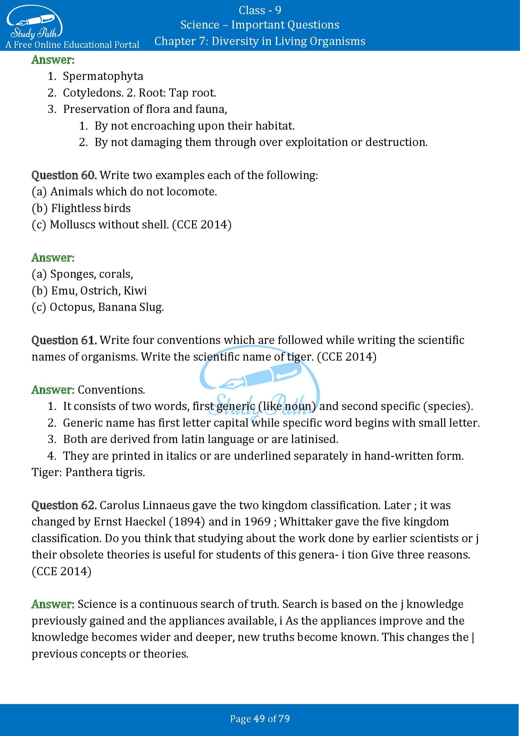 Important Questions for Class 9 Science Chapter 7 Diversity in Living Organisms 00049