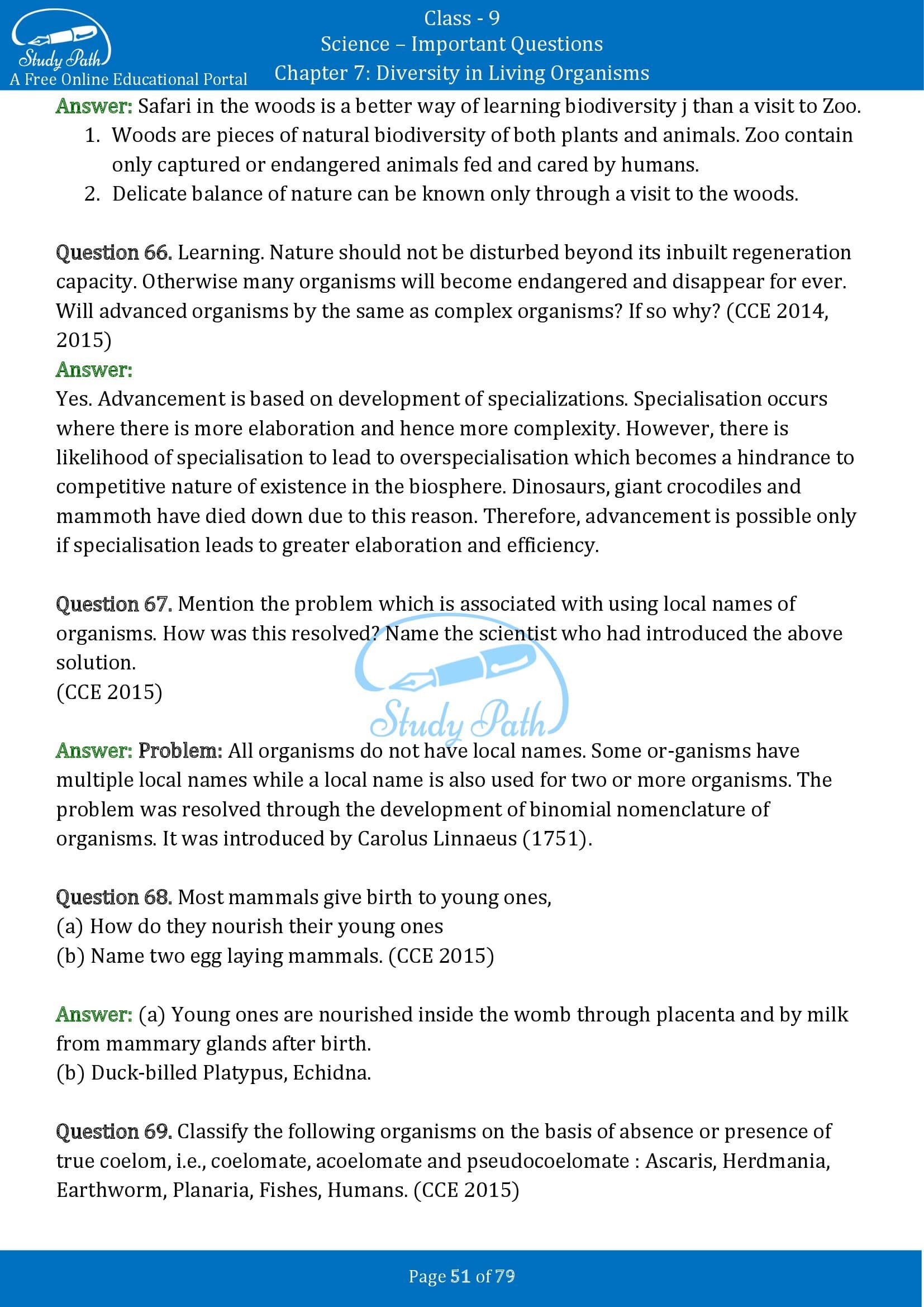 Important Questions for Class 9 Science Chapter 7 Diversity in Living Organisms 00051