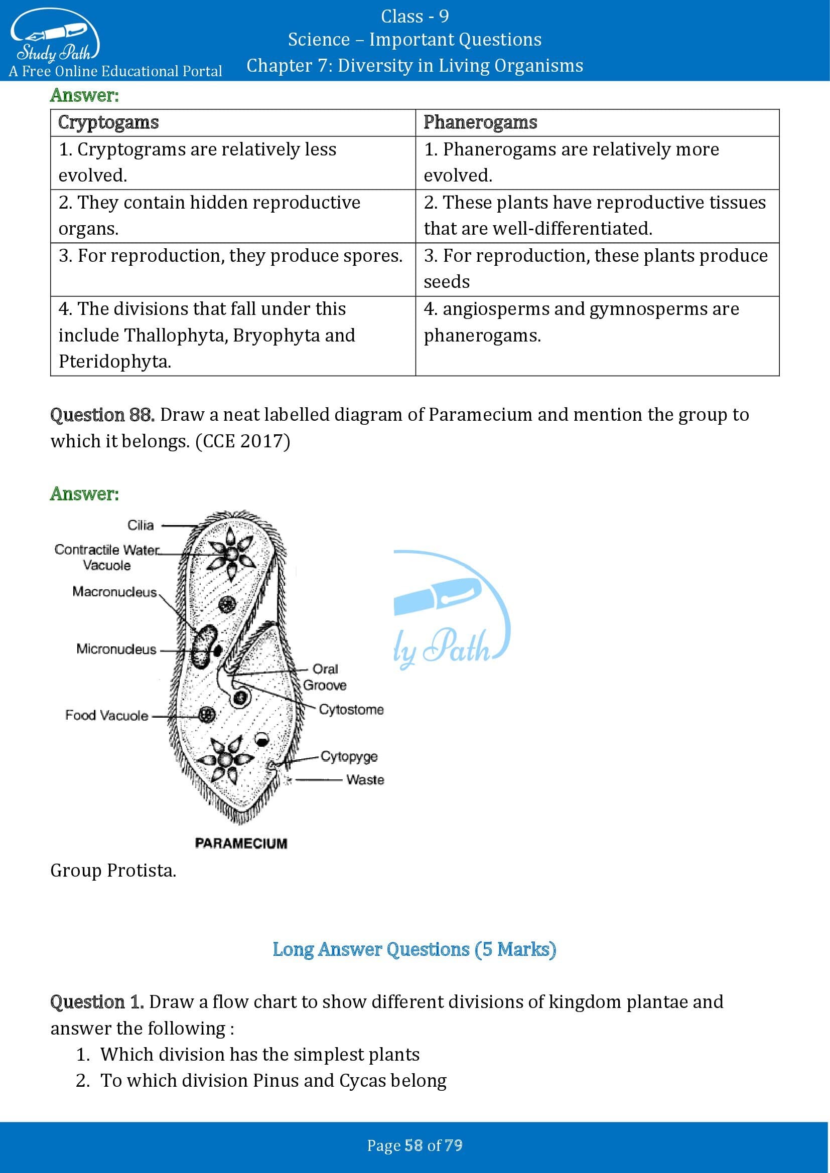 Important Questions for Class 9 Science Chapter 7 Diversity in Living Organisms 00058