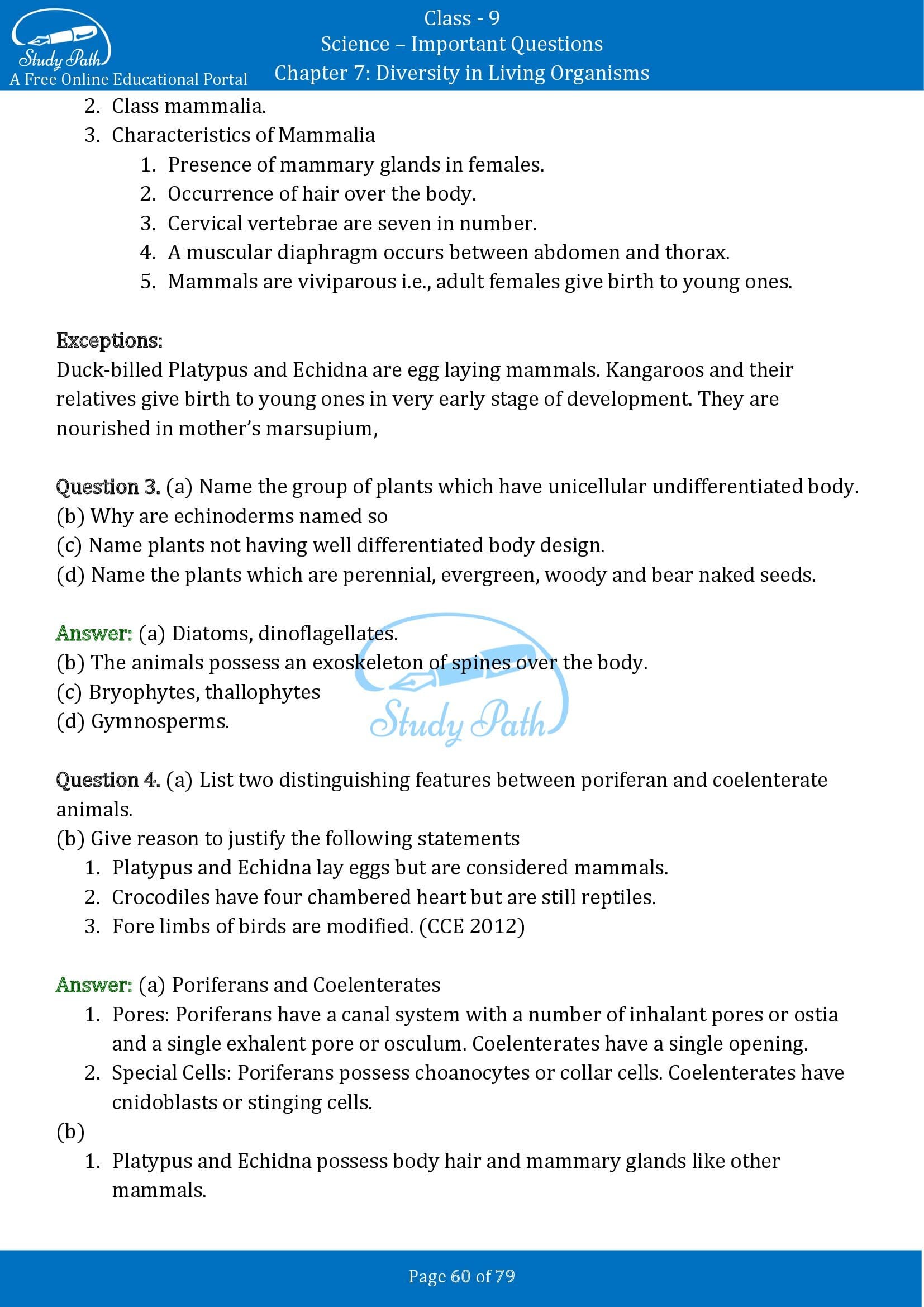 Important Questions for Class 9 Science Chapter 7 Diversity in Living Organisms 00060