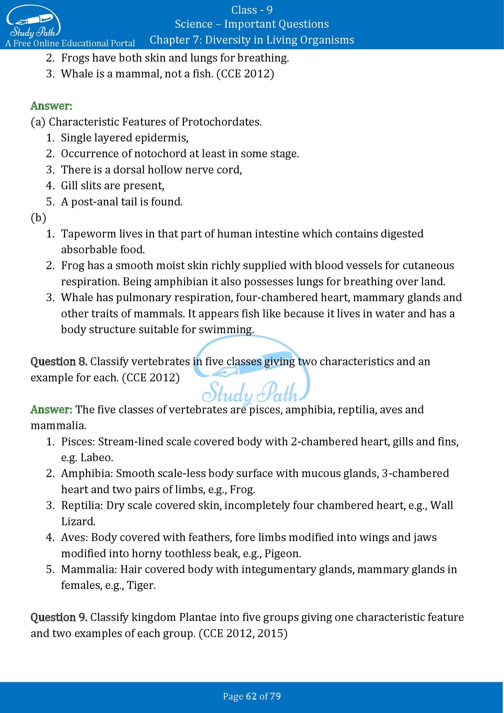 Important Questions for Class 9 Science Chapter 7 Diversity in Living Organisms 00062