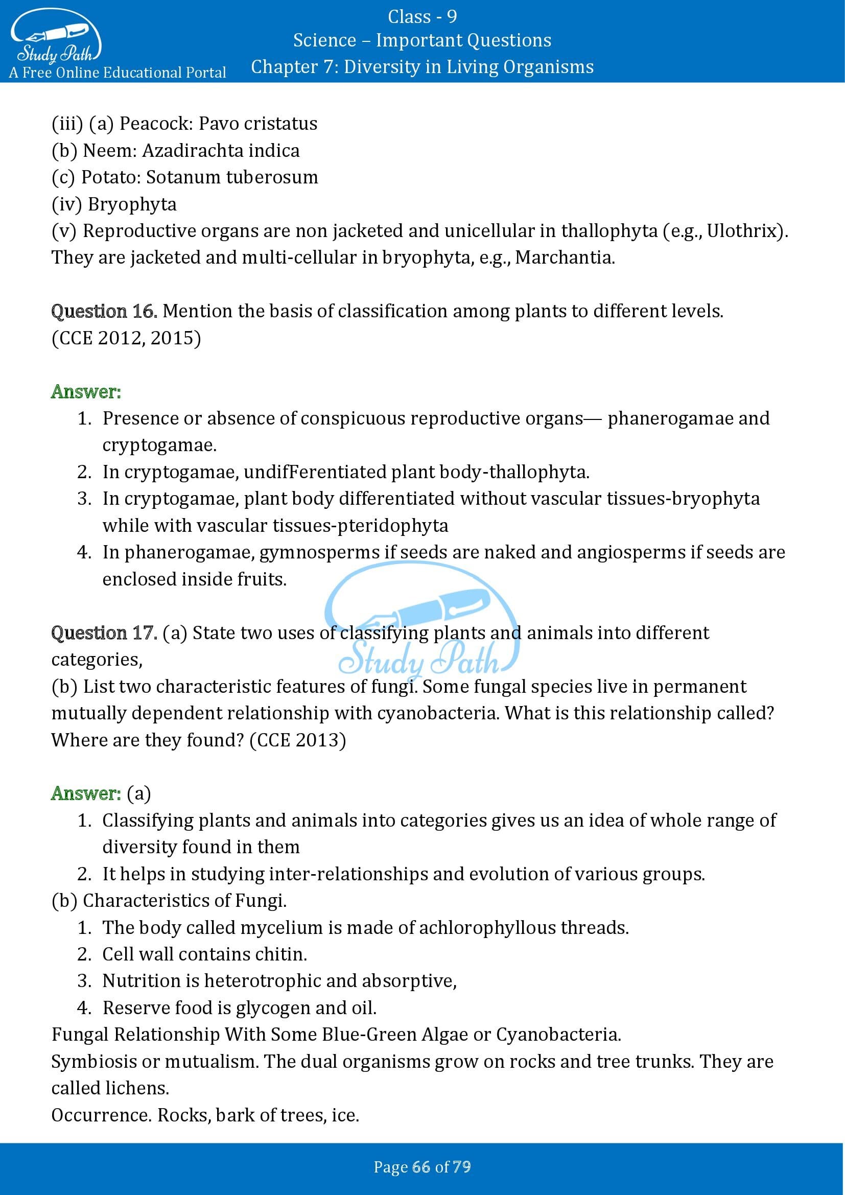 Important Questions for Class 9 Science Chapter 7 Diversity in Living Organisms 00066