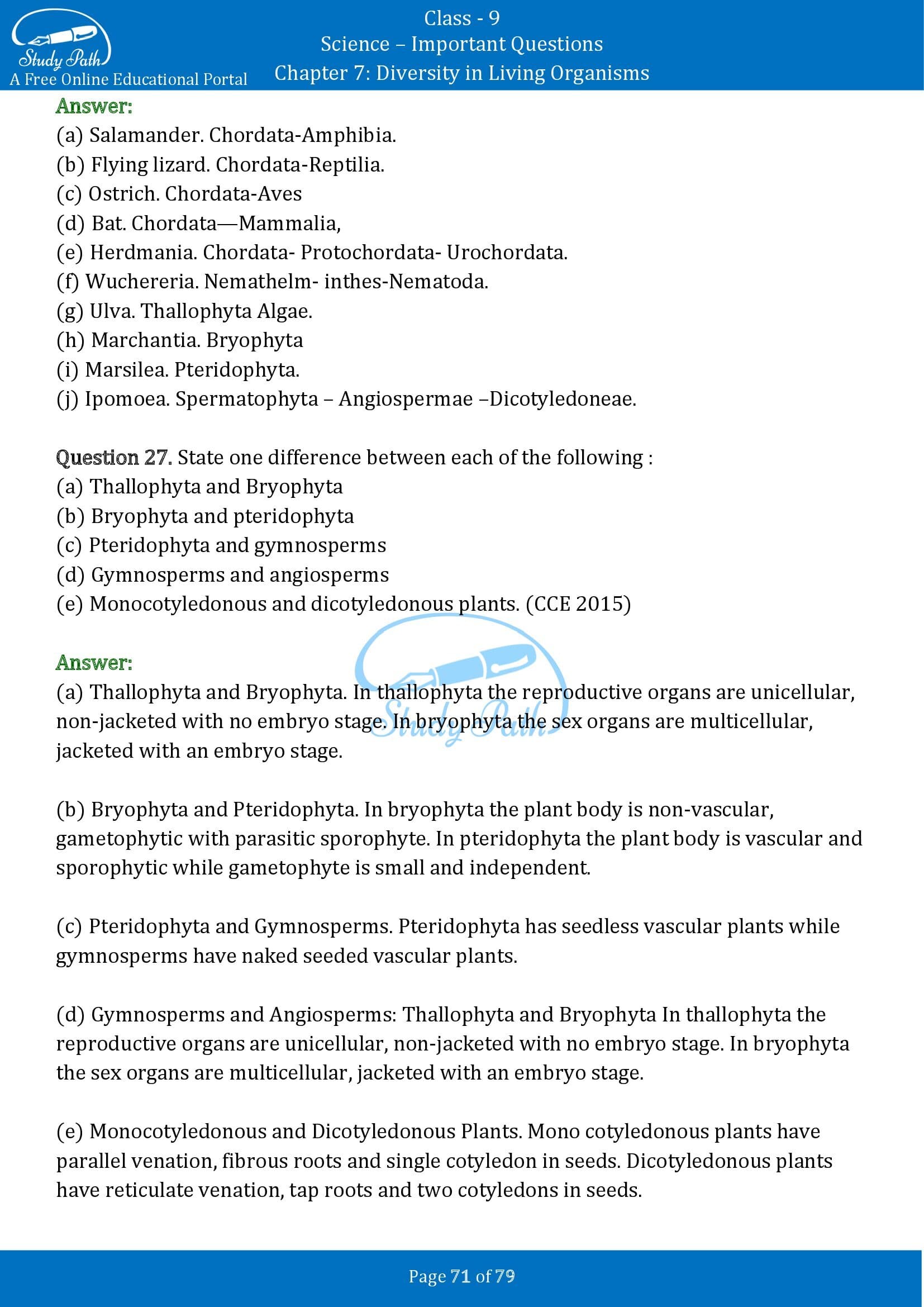 Important Questions for Class 9 Science Chapter 7 Diversity in Living Organisms 00071