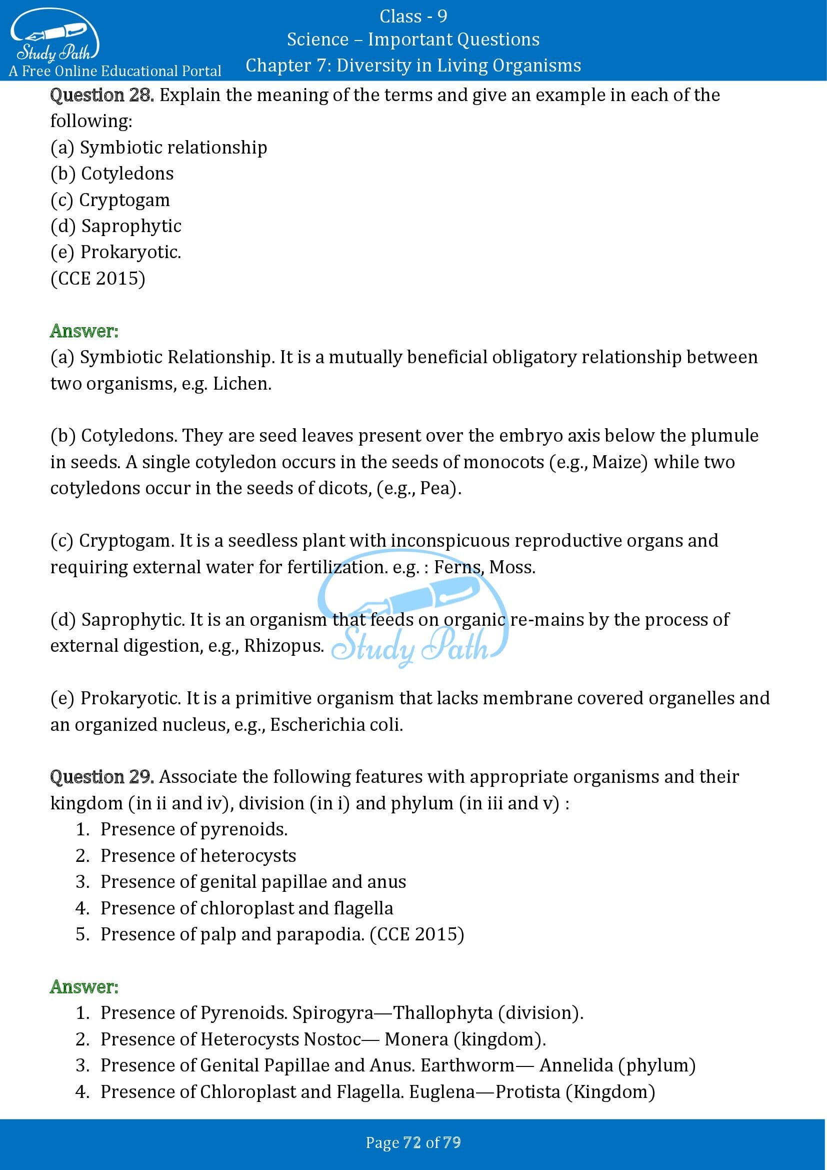 Important Questions for Class 9 Science Chapter 7 Diversity in Living Organisms 00072