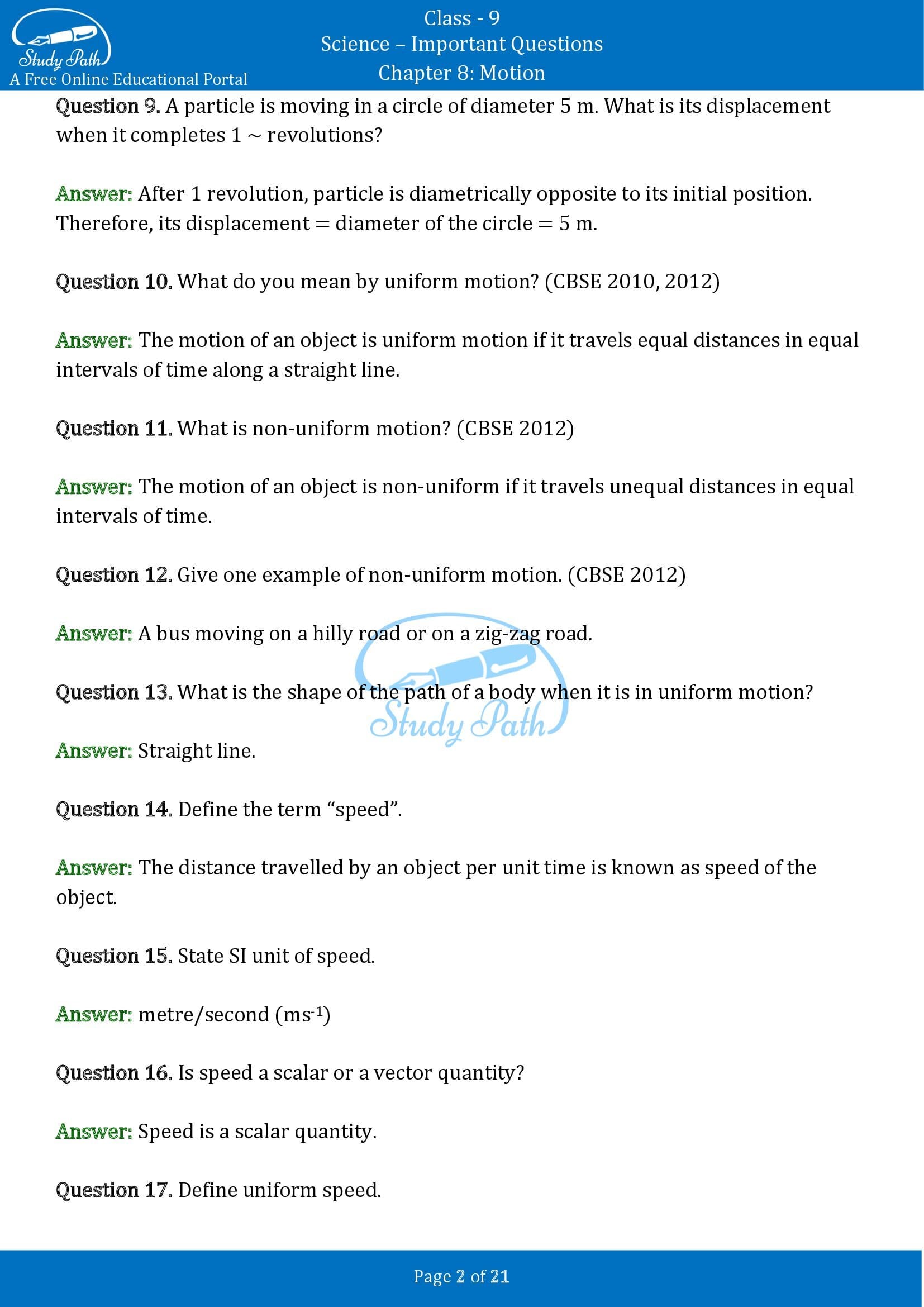 Important Questions for Class 9 Science Chapter 8 Motion 00002