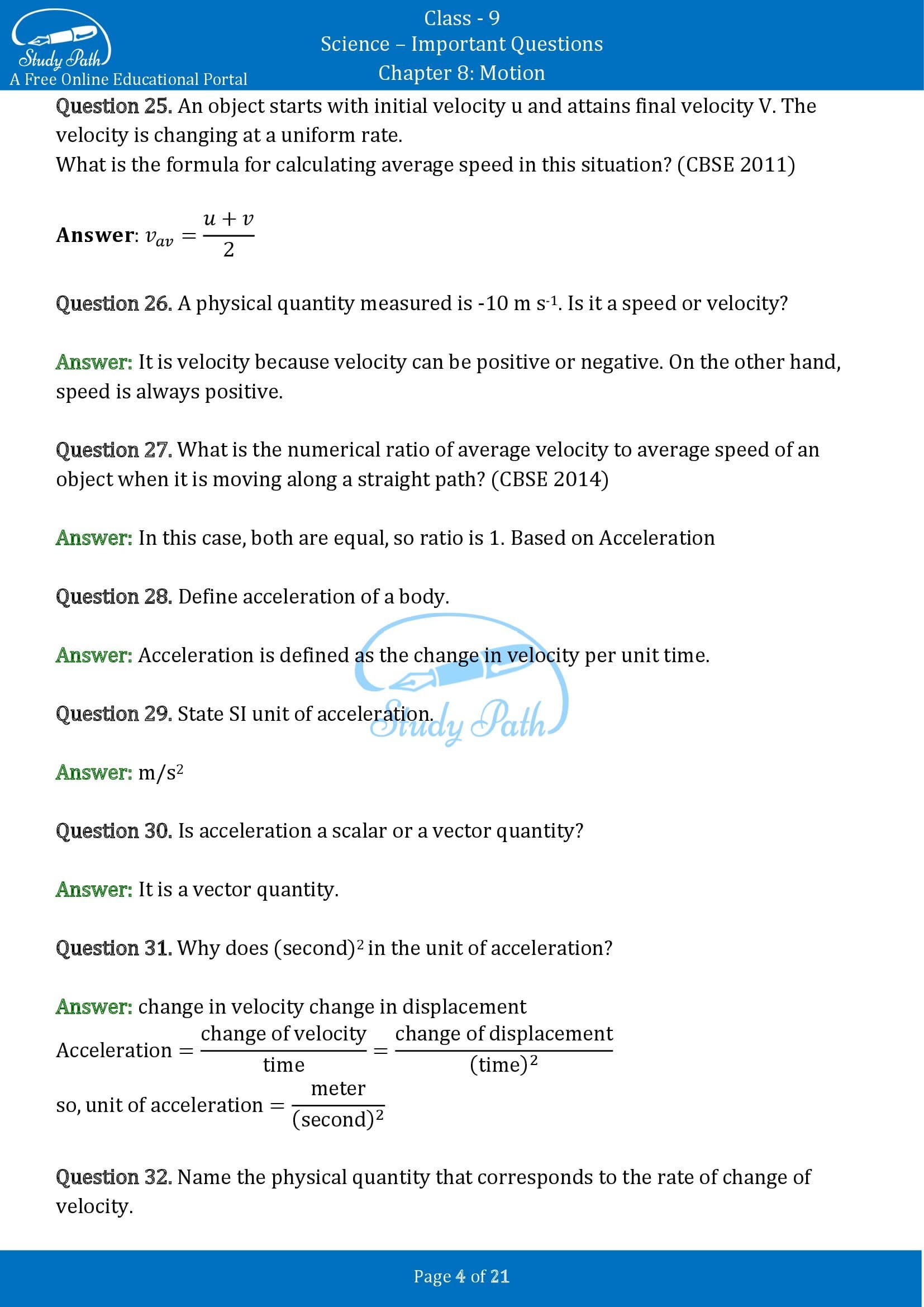 Important Questions for Class 9 Science Chapter 8 Motion 00004