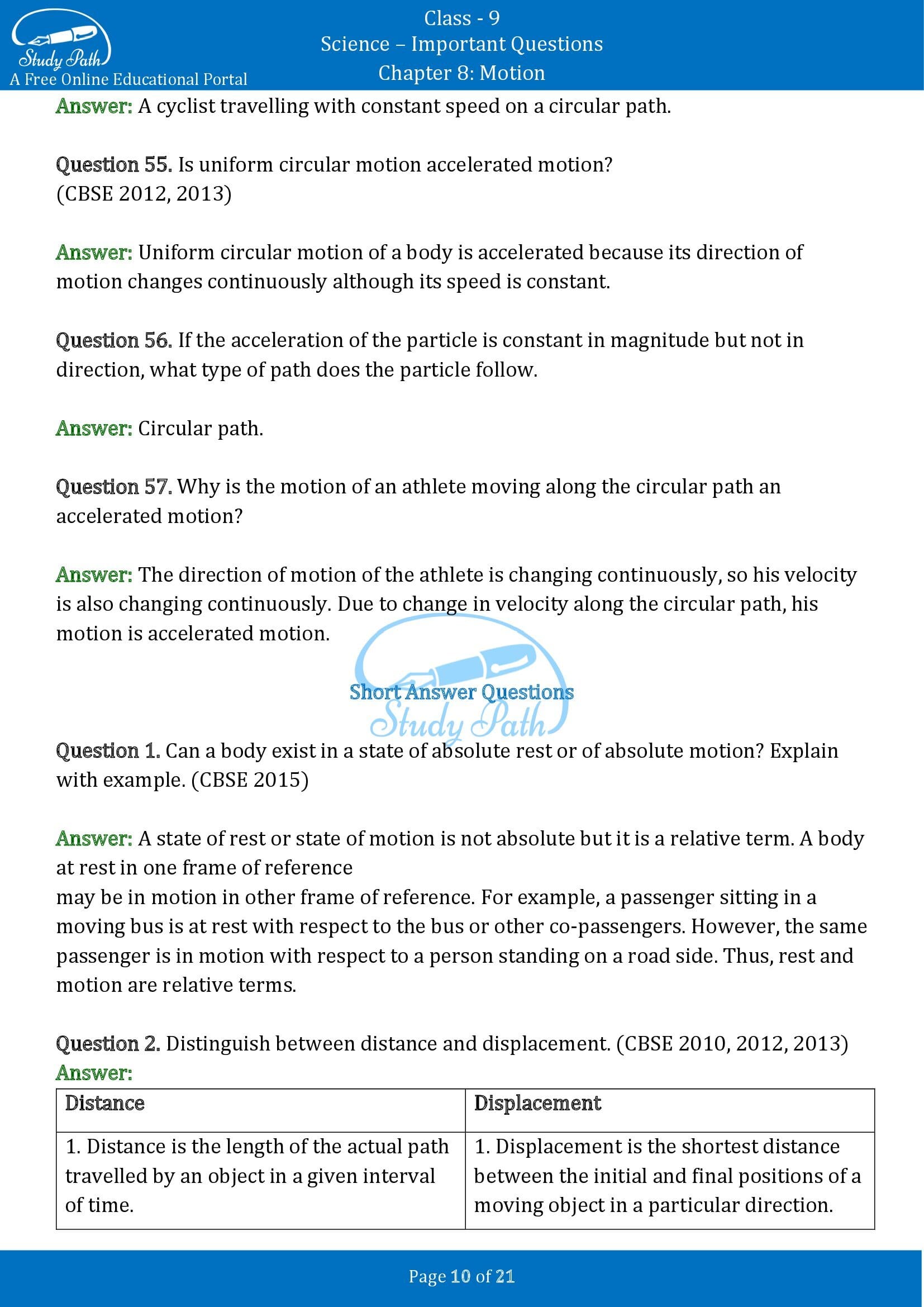 Important Questions for Class 9 Science Chapter 8 Motion 00010