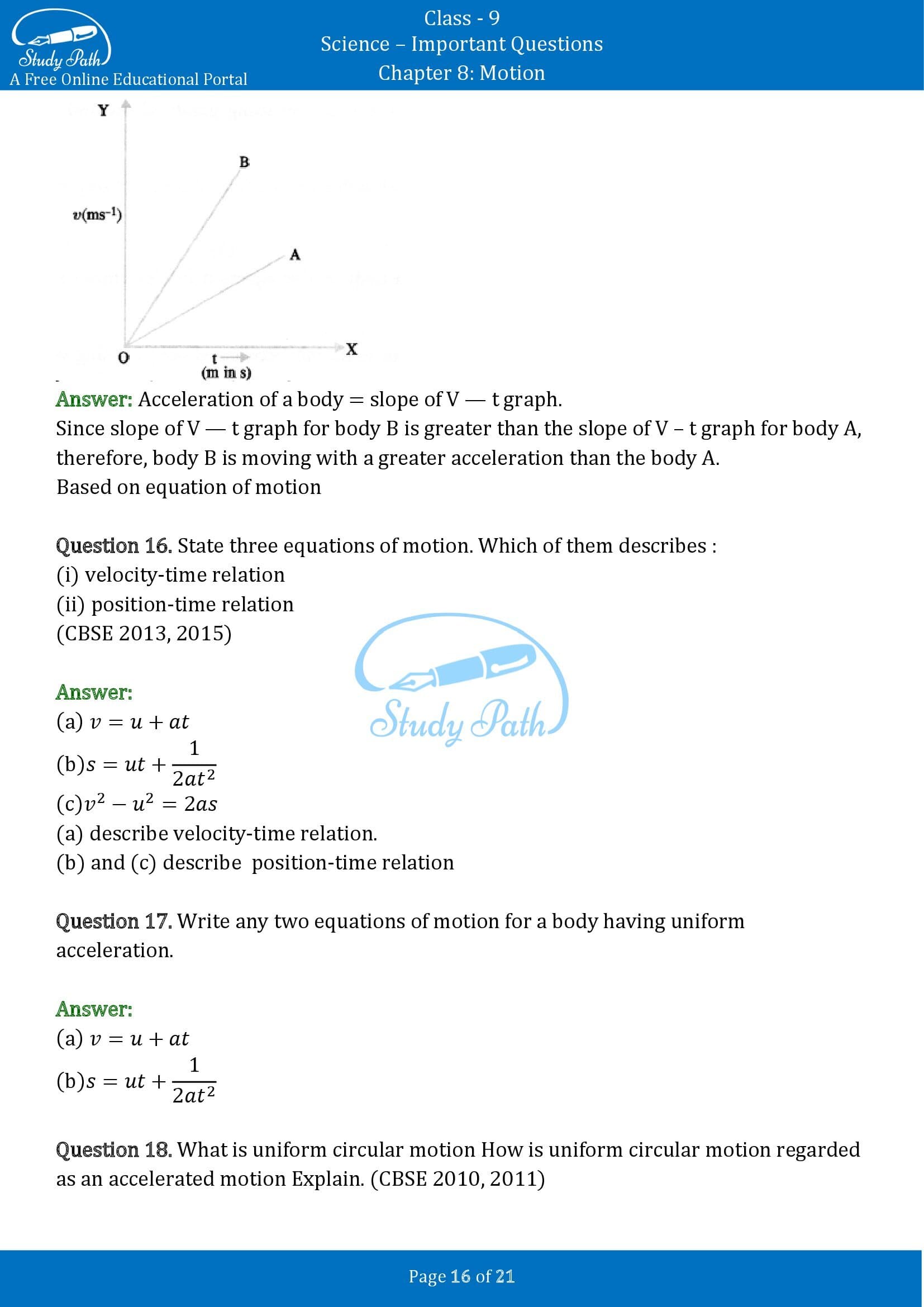 Important Questions for Class 9 Science Chapter 8 Motion 00016