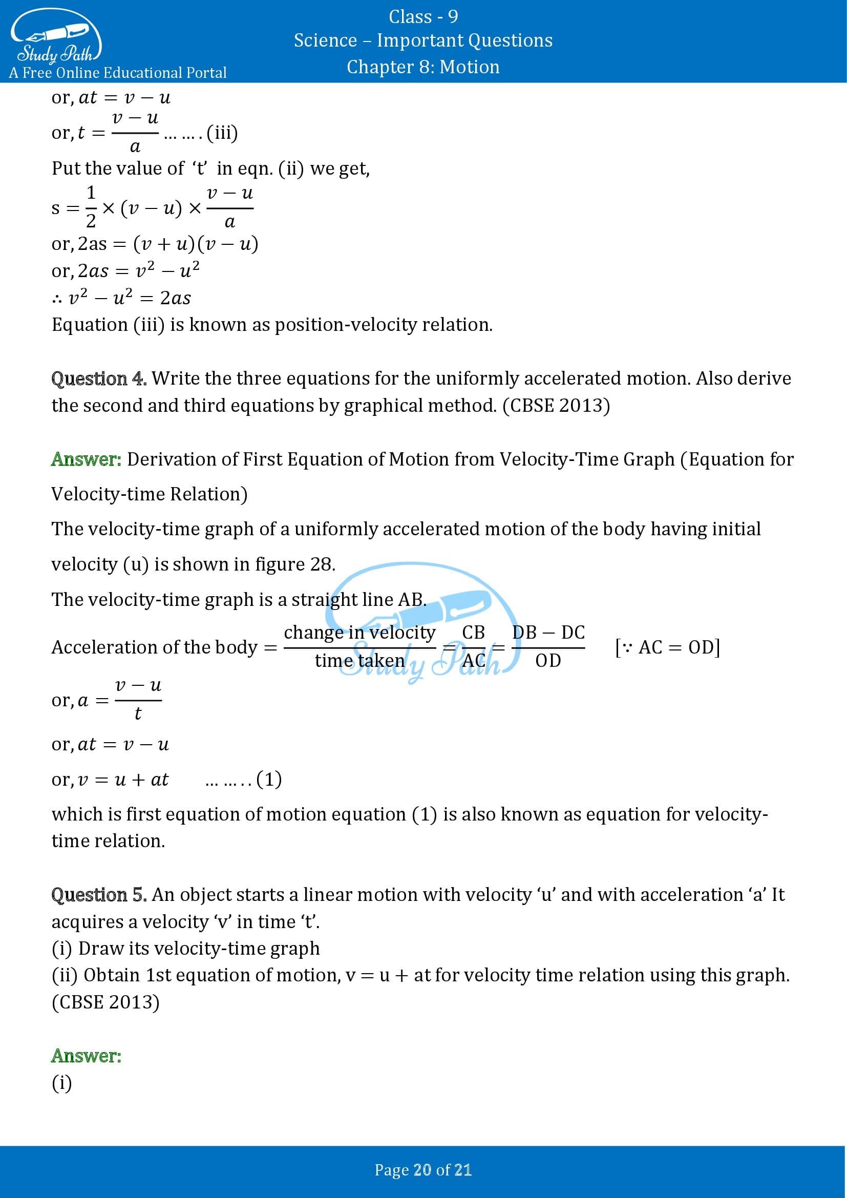 Important Questions for Class 9 Science Chapter 8 Motion 00020