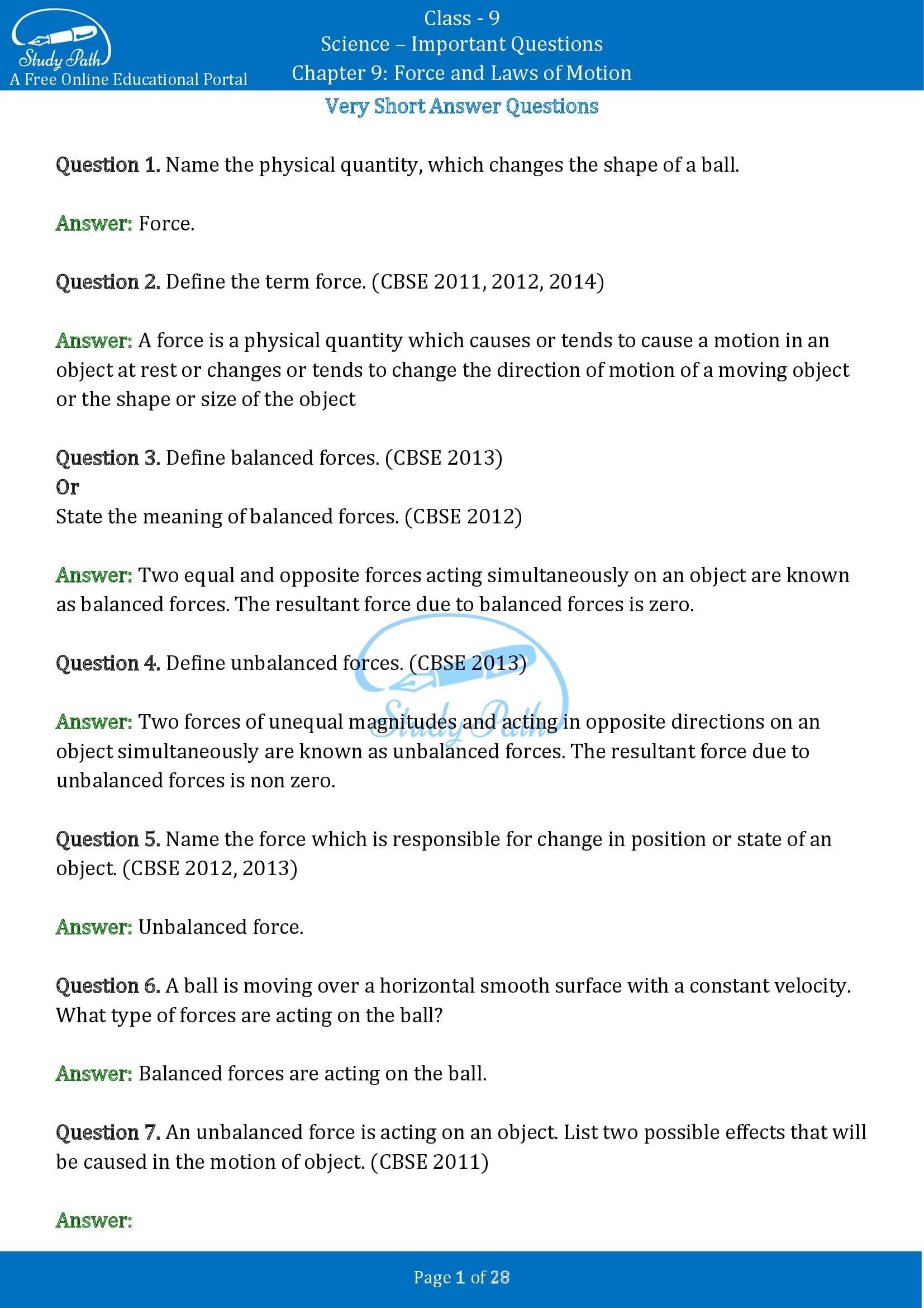 Important Questions for Class 9 Science Chapter 9 Force and Laws of Motion 00001