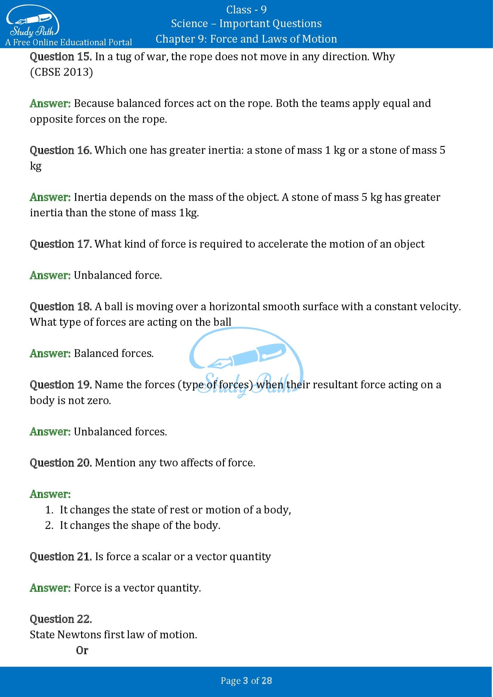 Important Questions for Class 9 Science Chapter 9 Force and Laws of Motion 00003