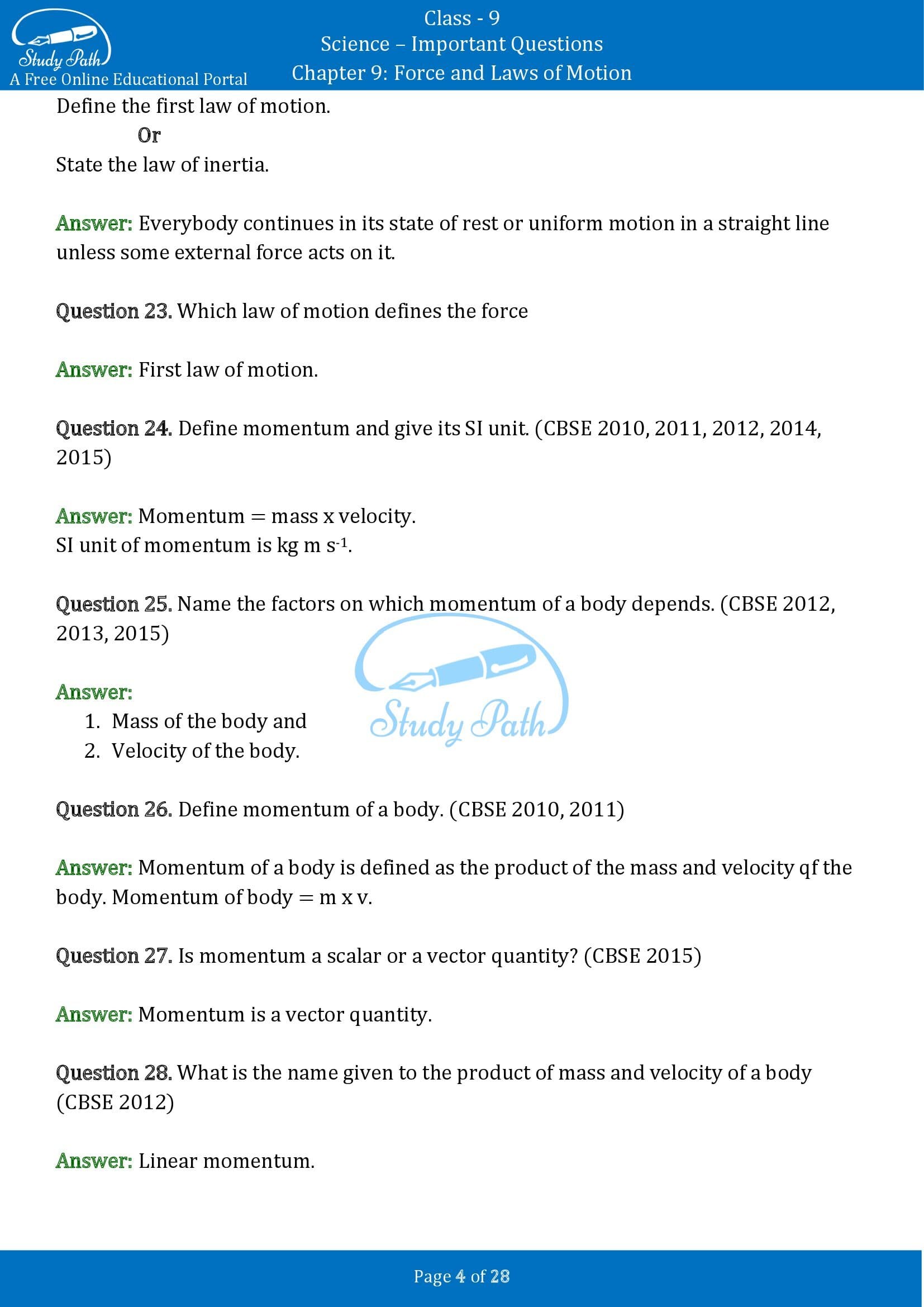 Important Questions for Class 9 Science Chapter 9 Force and Laws of Motion 00004