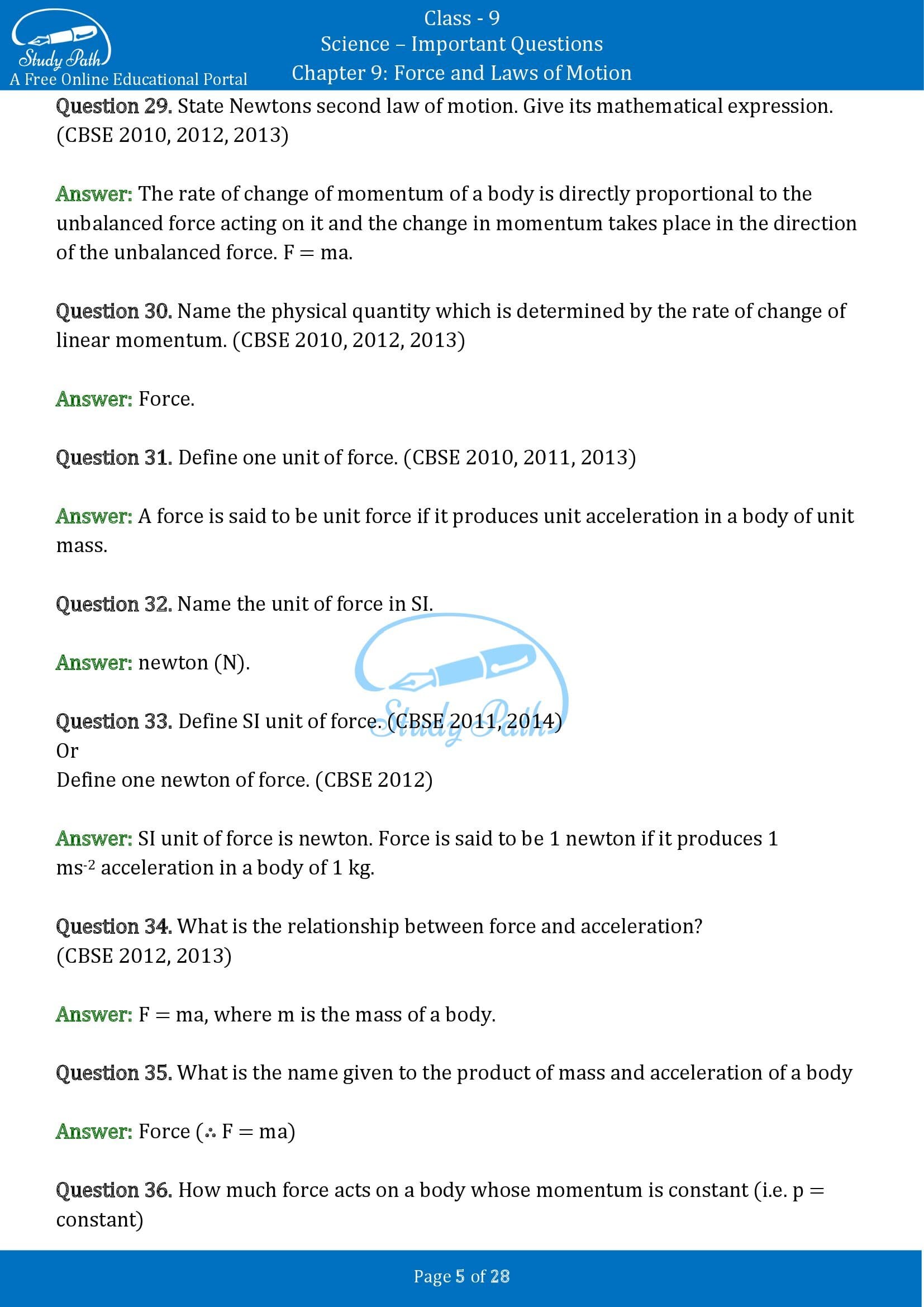 Important Questions for Class 9 Science Chapter 9 Force and Laws of Motion 00005