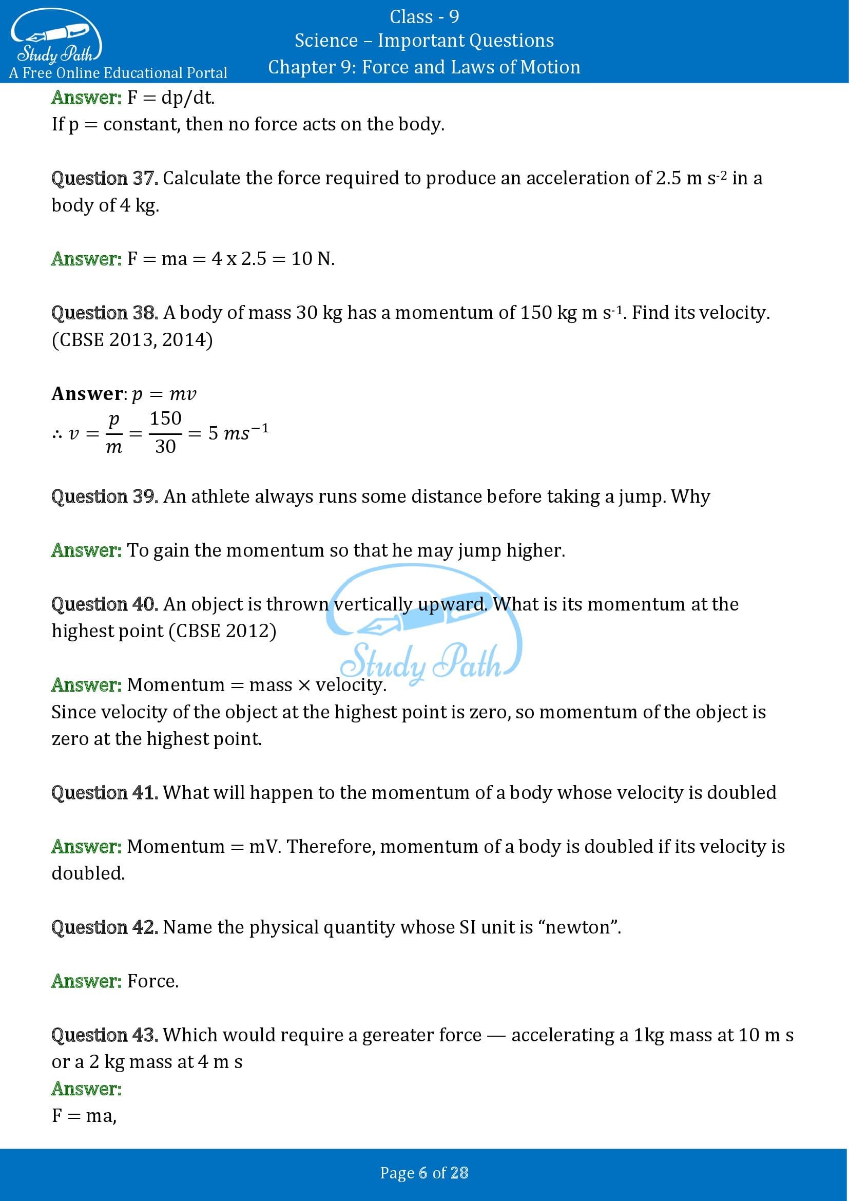 Important Questions for Class 9 Science Chapter 9 Force and Laws of Motion 00006