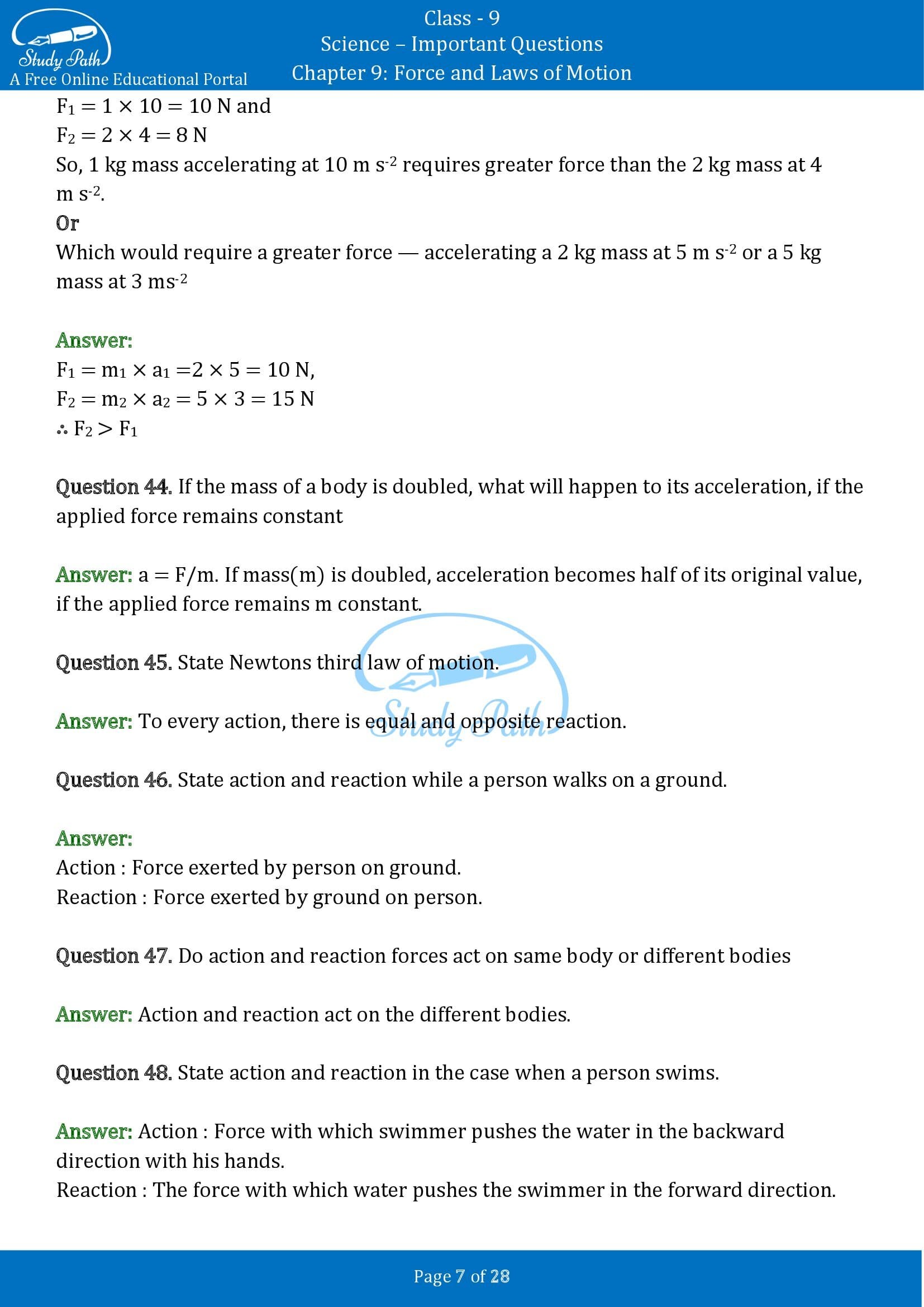 Important Questions for Class 9 Science Chapter 9 Force and Laws of Motion 00007