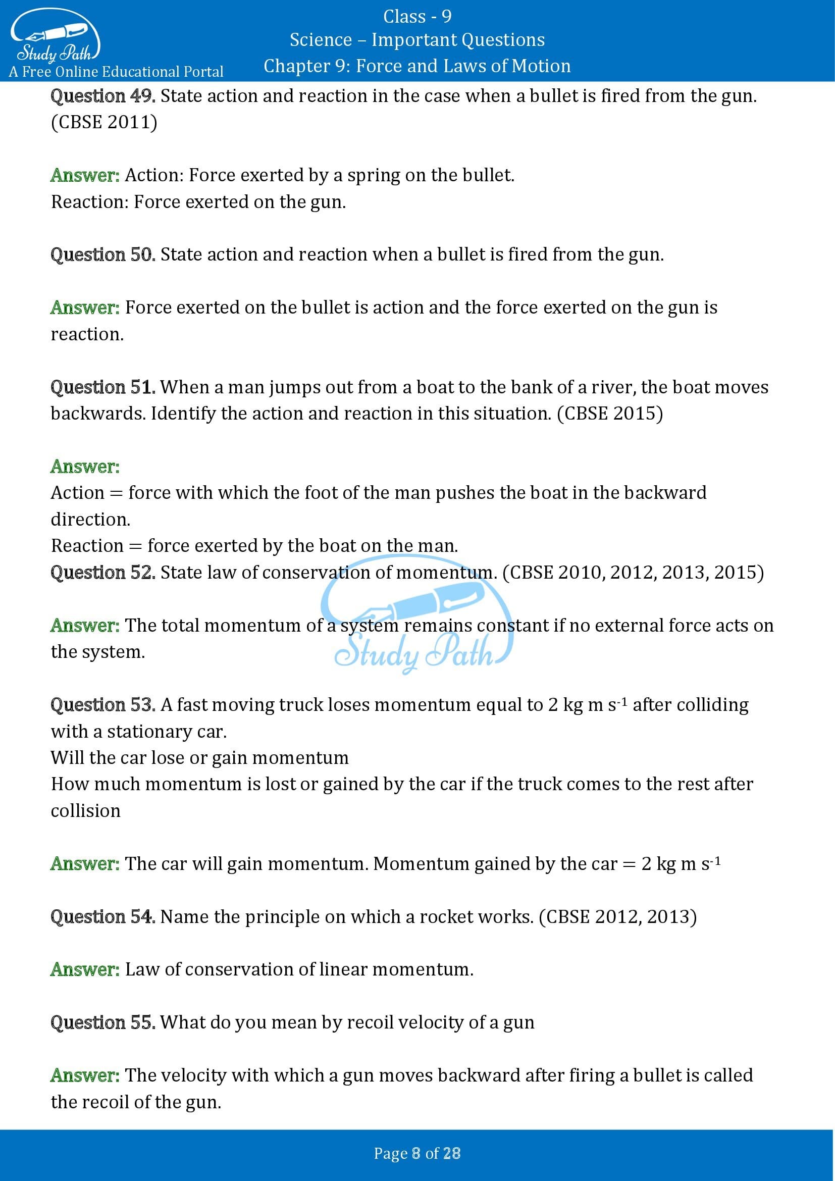 Important Questions for Class 9 Science Chapter 9 Force and Laws of Motion 00008