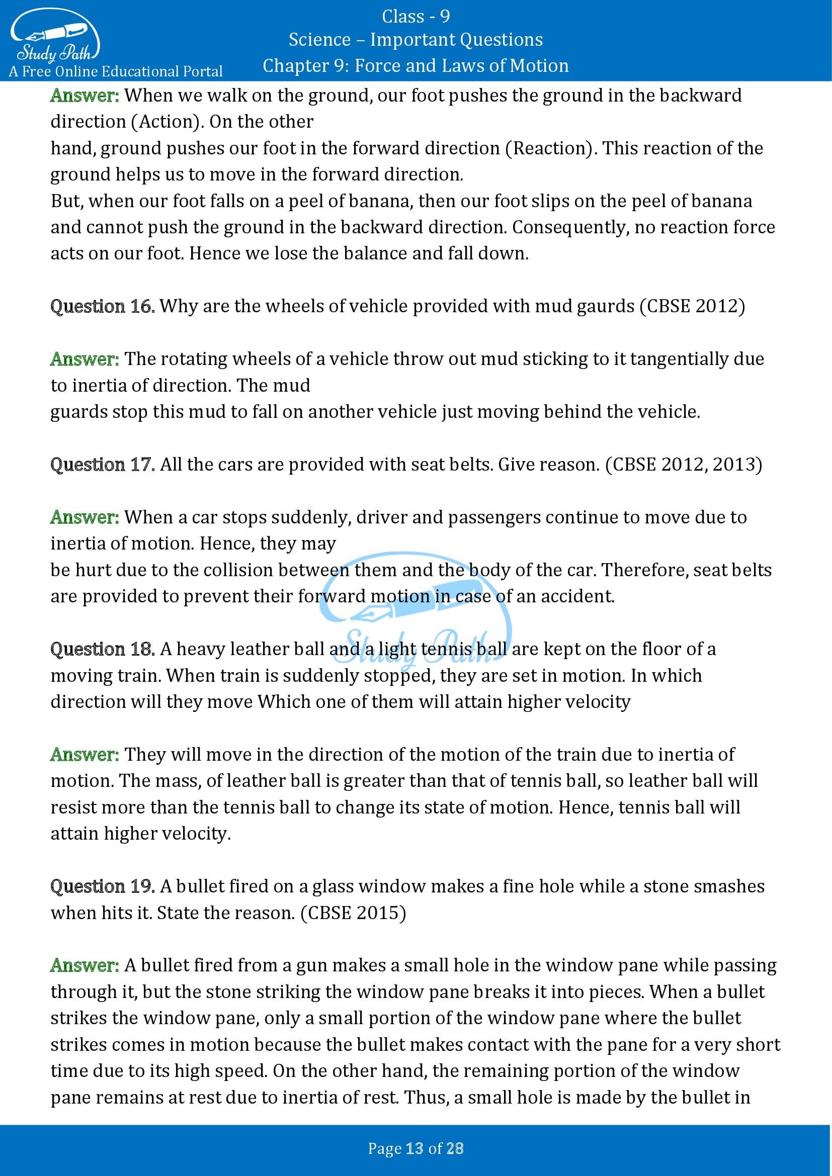 Important Questions for Class 9 Science Chapter 9 Force and Laws of Motion 00013