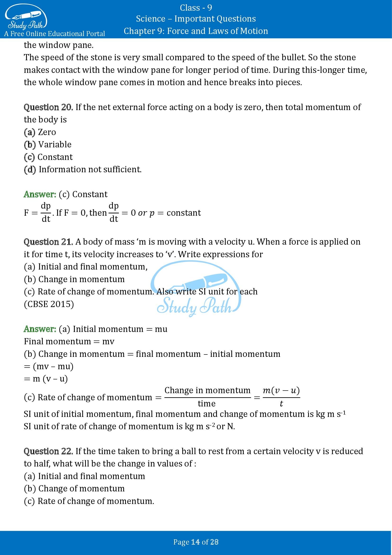 Important Questions for Class 9 Science Chapter 9 Force and Laws of Motion 00014