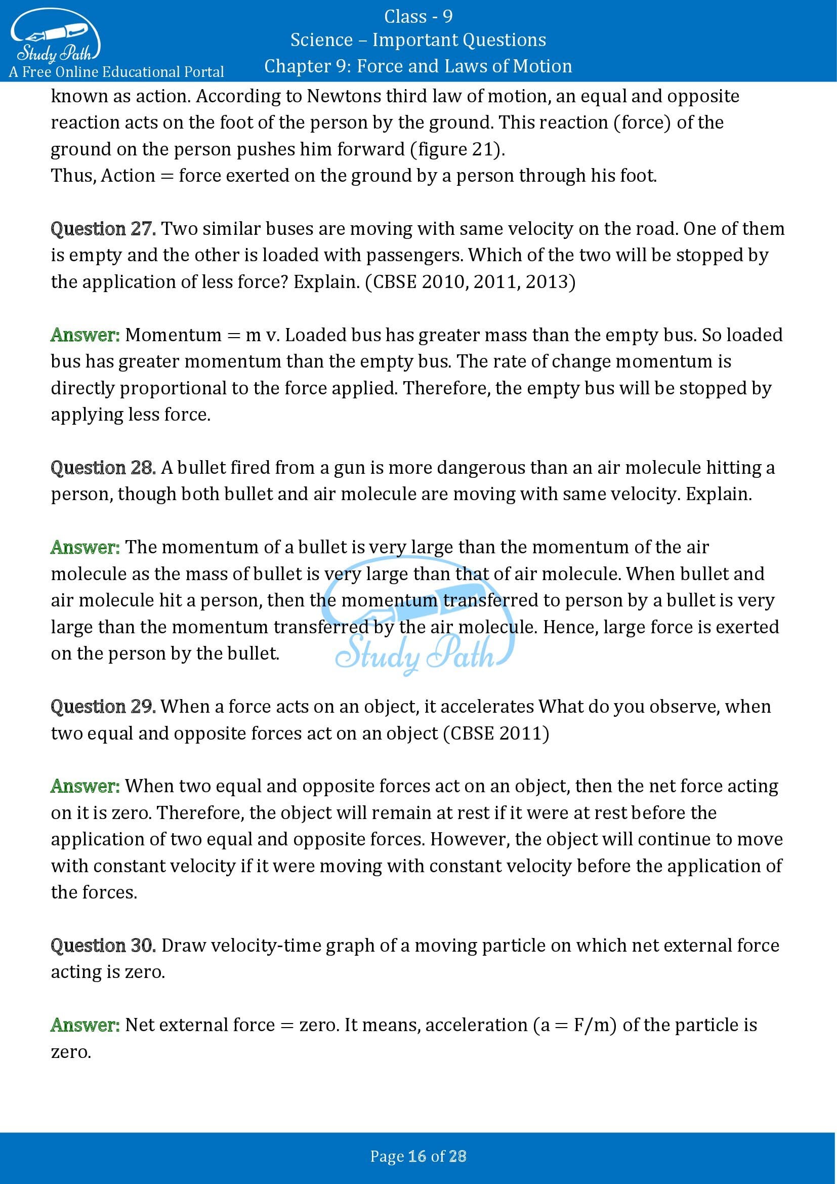 Important Questions for Class 9 Science Chapter 9 Force and Laws of Motion 00016