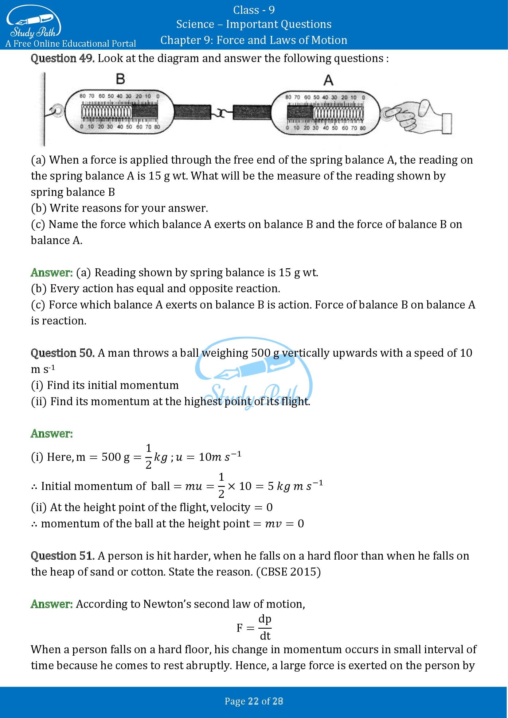 Important Questions for Class 9 Science Chapter 9 Force and Laws of Motion 00022