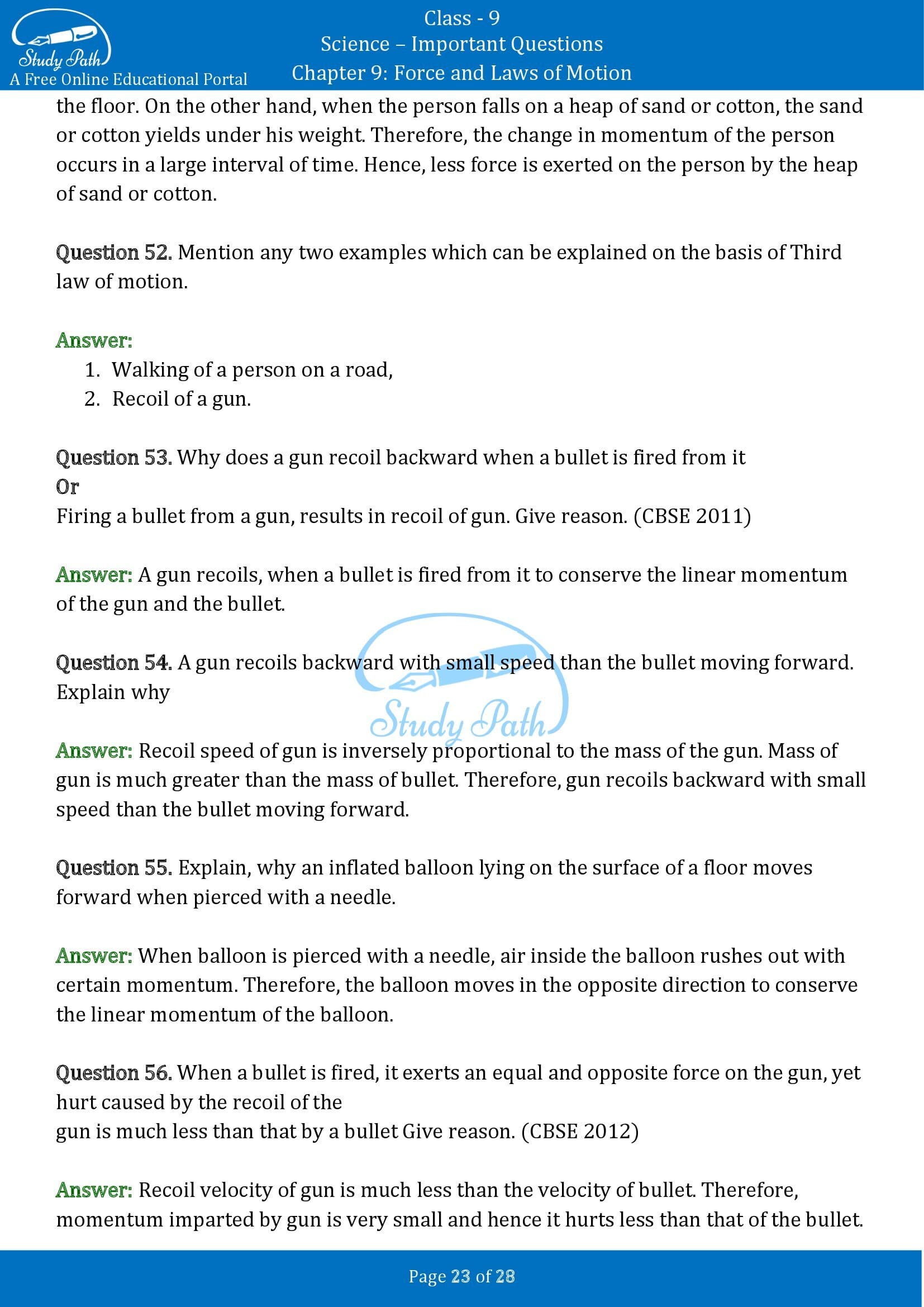 Important Questions for Class 9 Science Chapter 9 Force and Laws of Motion 00023