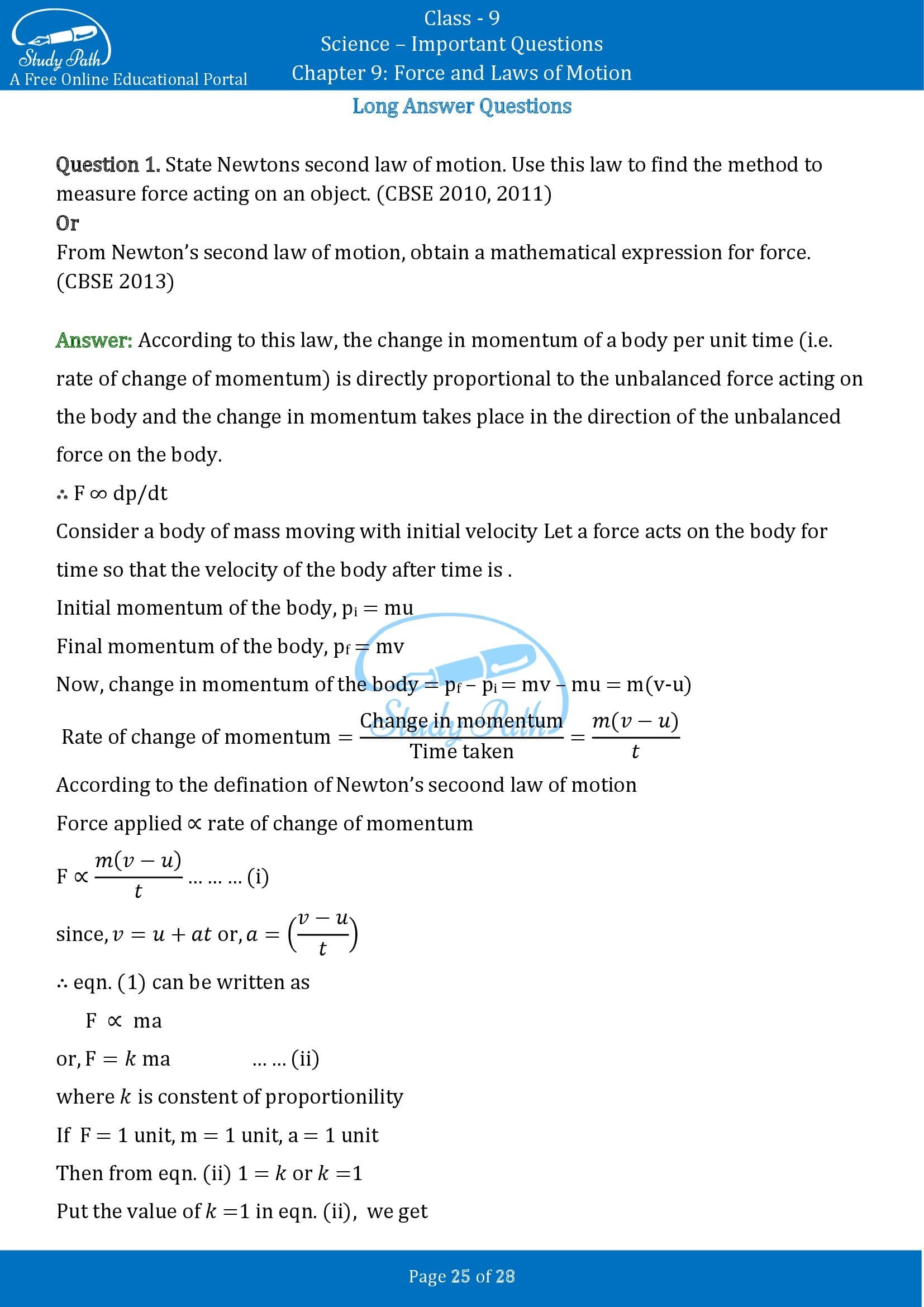 Important Questions for Class 9 Science Chapter 9 Force and Laws of Motion 00025