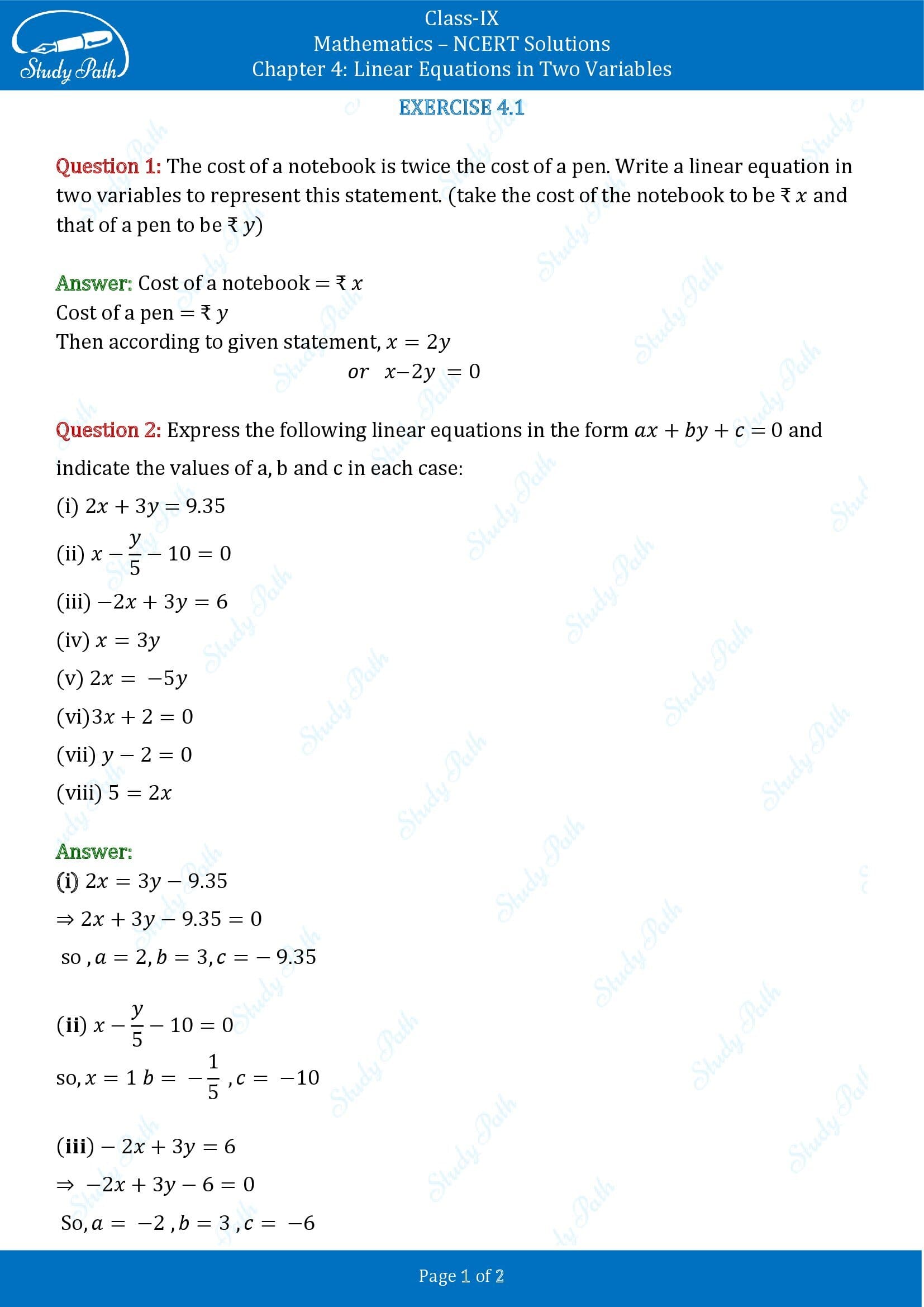 NCERT Solutions for Class 9 Maths Chapter 4 Linear Equations in Two Variables Exercise 4.1 0001