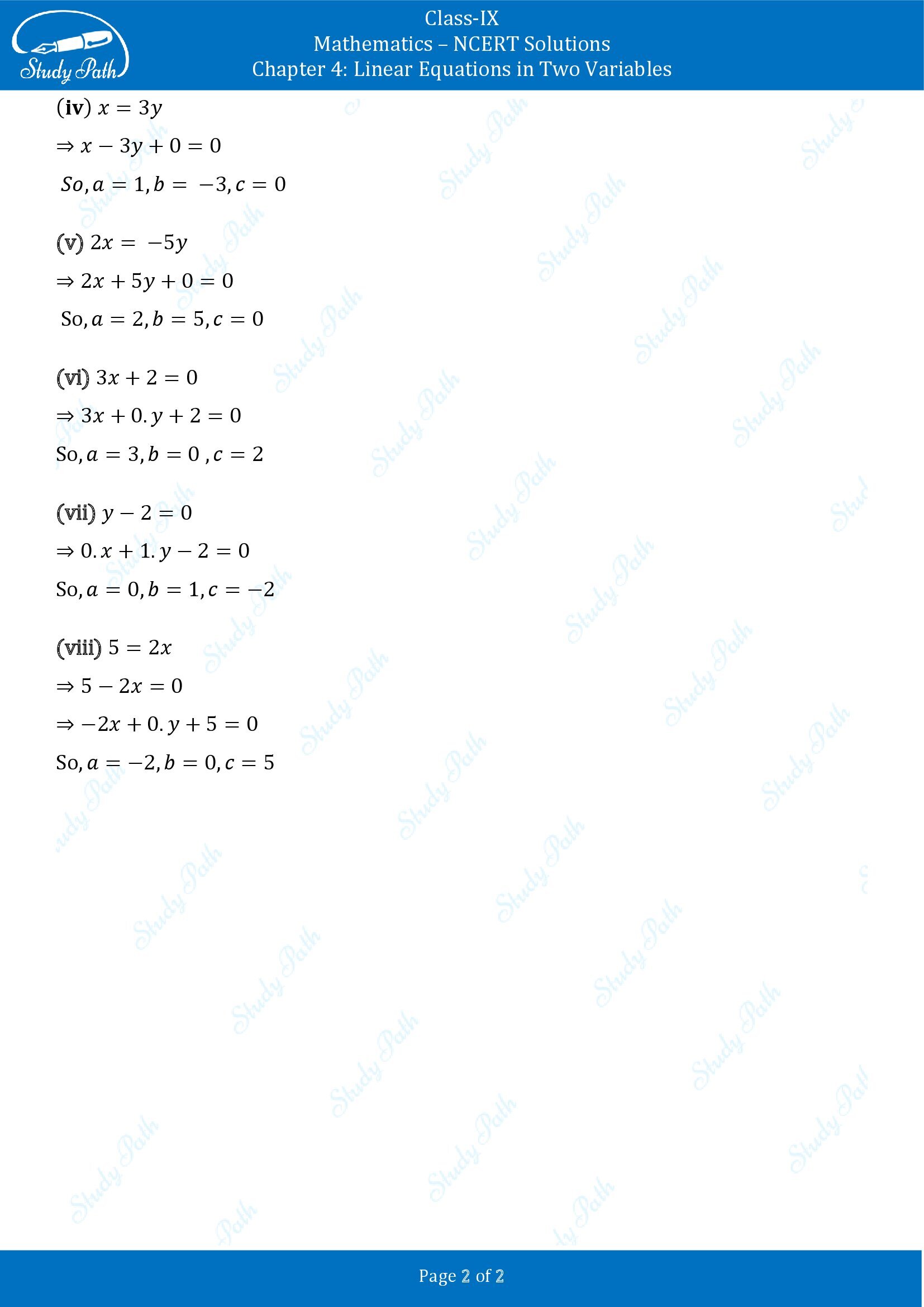 NCERT Solutions for Class 9 Maths Chapter 4 Linear Equations in Two Variables Exercise 4.1 0002