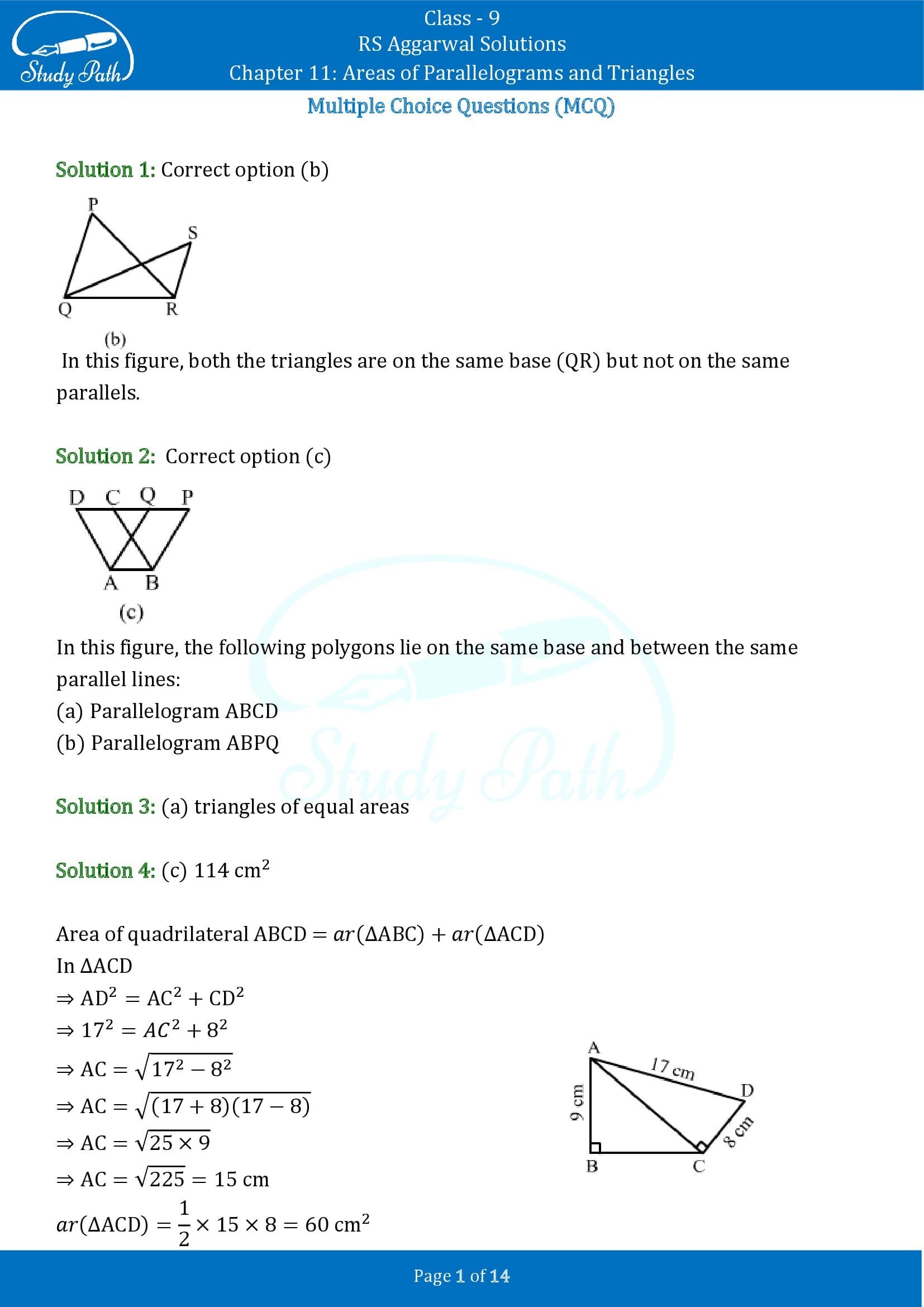 RS Aggarwal Solutions Class 9 Chapter 11 Areas of Parallelograms and Triangles Multiple Choice Questions MCQs 00001
