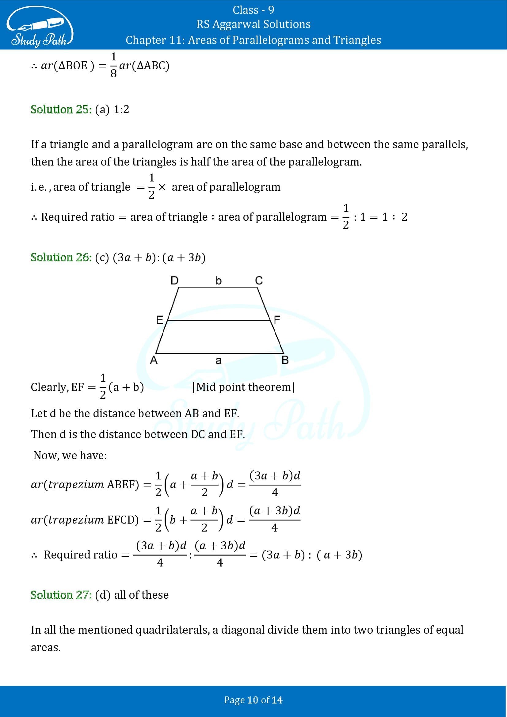 RS Aggarwal Solutions Class 9 Chapter 11 Areas of Parallelograms and Triangles Multiple Choice Questions MCQs 00010