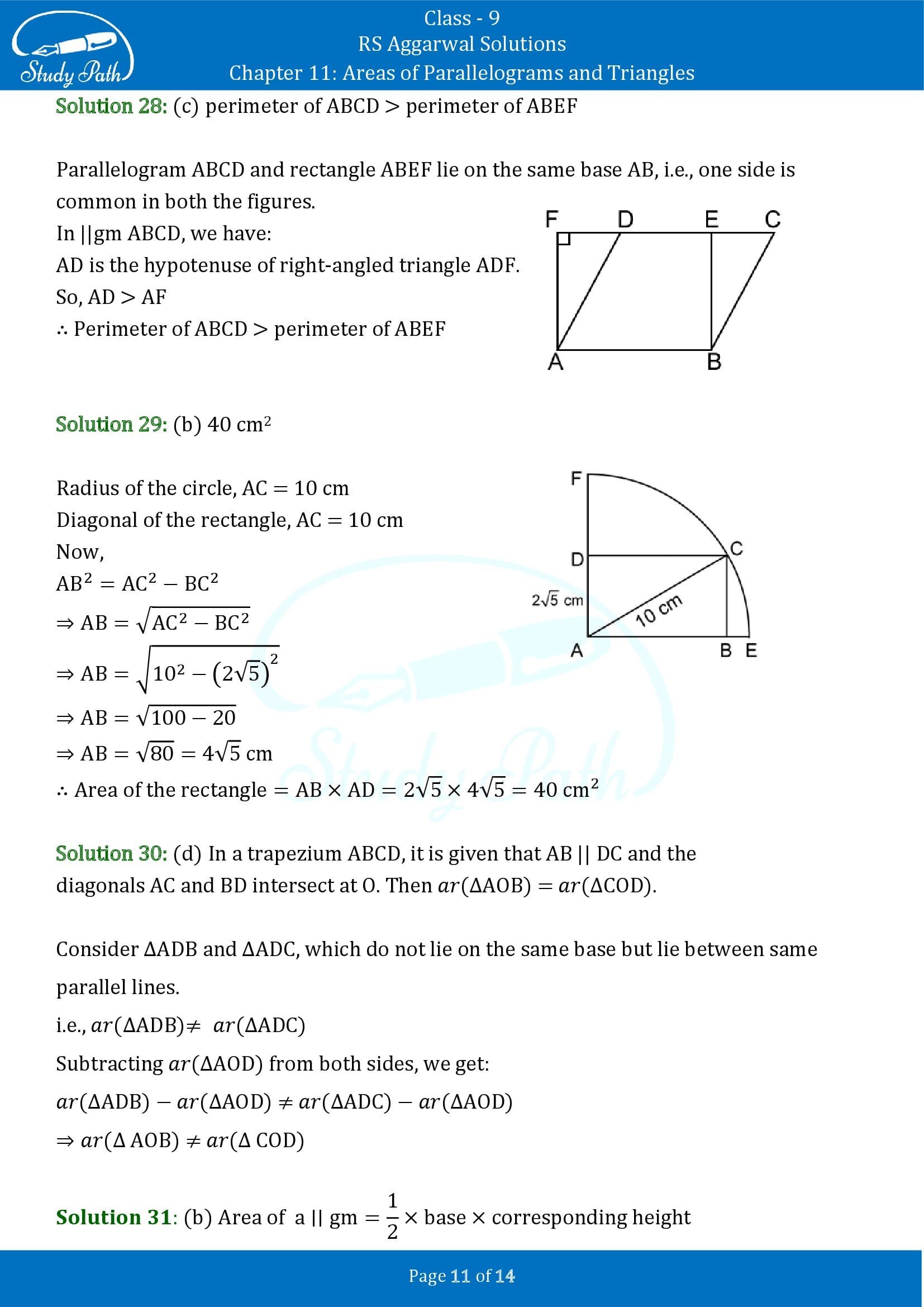 RS Aggarwal Solutions Class 9 Chapter 11 Areas of Parallelograms and Triangles Multiple Choice Questions MCQs 00011