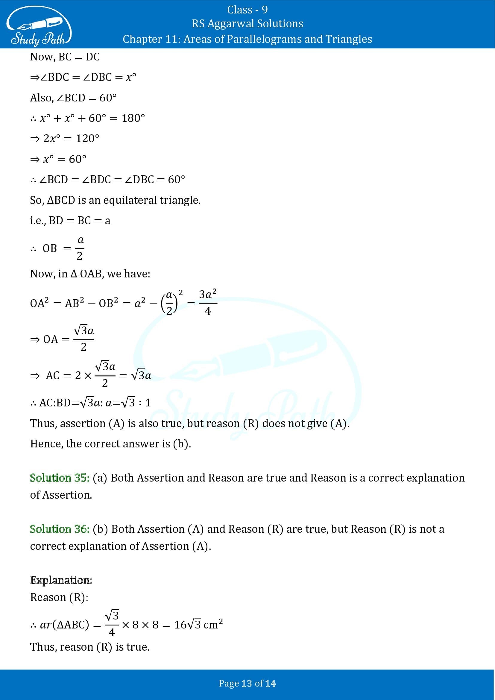 RS Aggarwal Solutions Class 9 Chapter 11 Areas of Parallelograms and Triangles Multiple Choice Questions MCQs 00013
