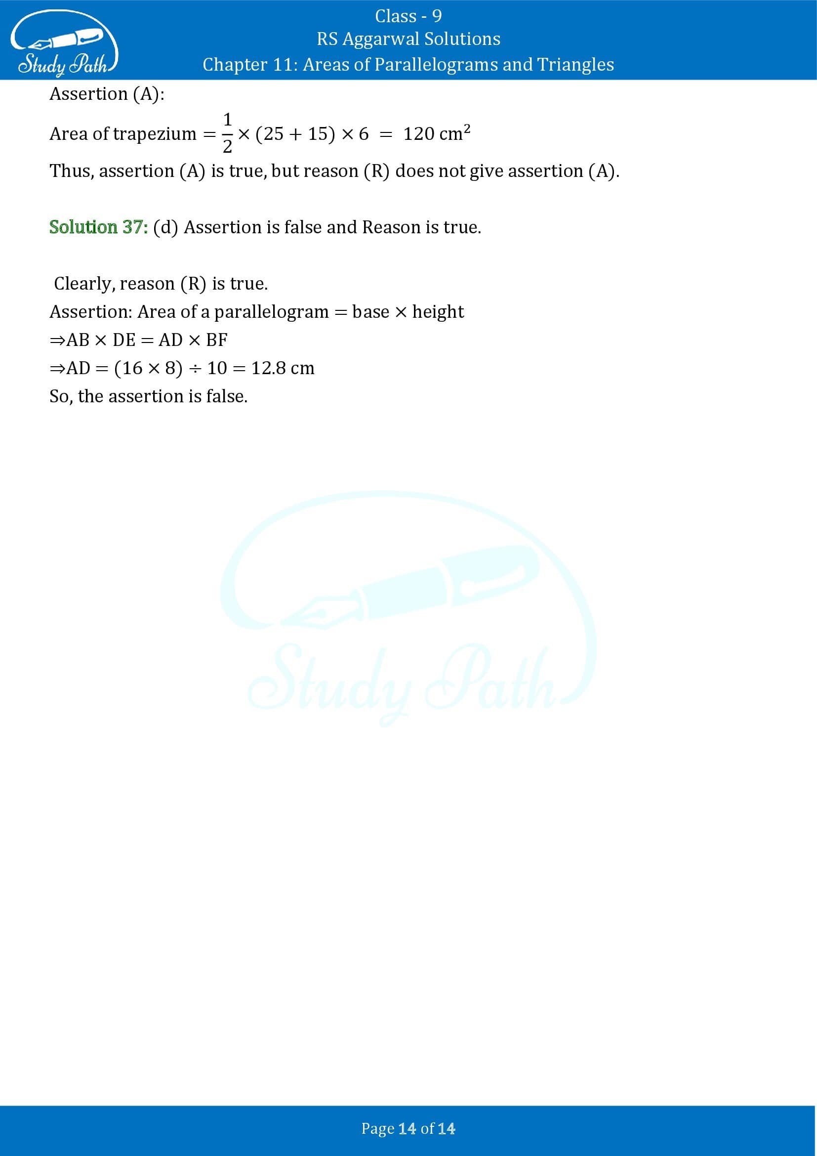 RS Aggarwal Solutions Class 9 Chapter 11 Areas of Parallelograms and Triangles Multiple Choice Questions MCQs 00014